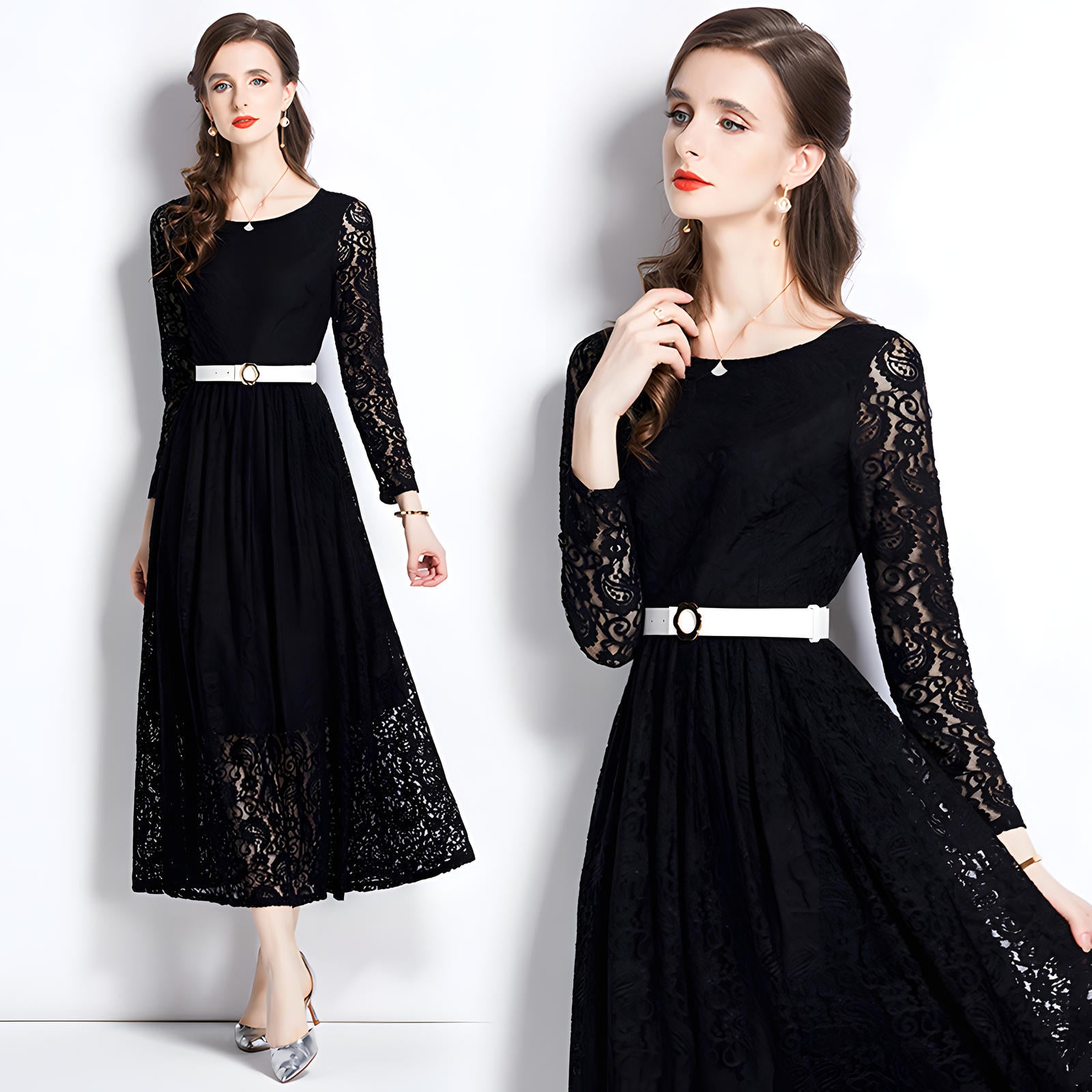 French Lace Long Sleeve Round Neck Long Dress With Belt - 751304773250
