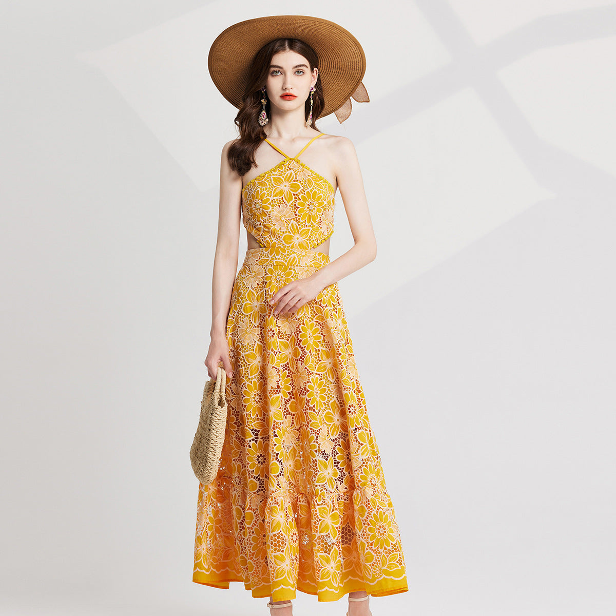 Luxury French Lace Halter Neck Holiday Breeze Black Dress - 829851111269_YEL