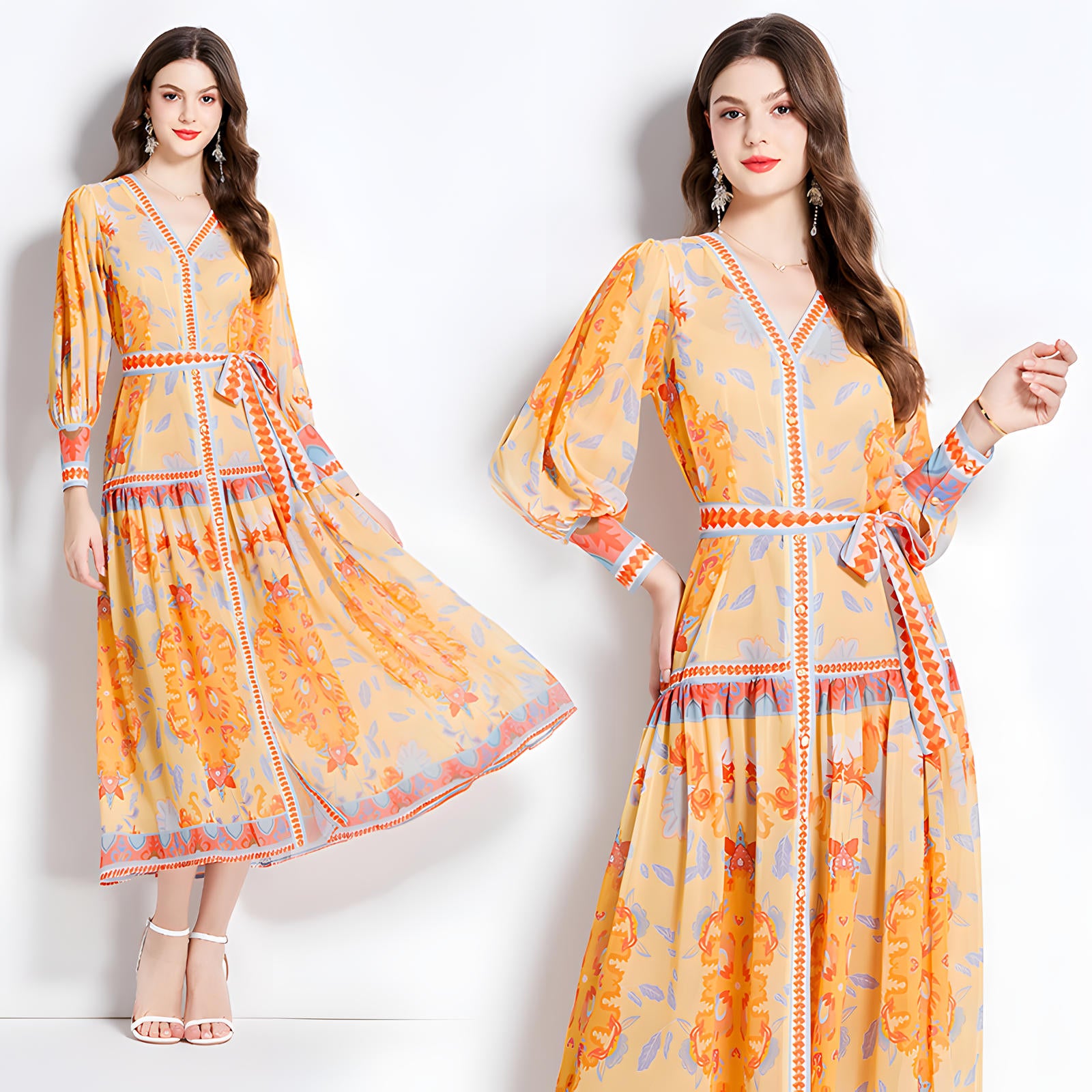 Printed Chiffon Plunging V - Neckline Front Split Long Dress With Waist Band - NRJ-720#2491