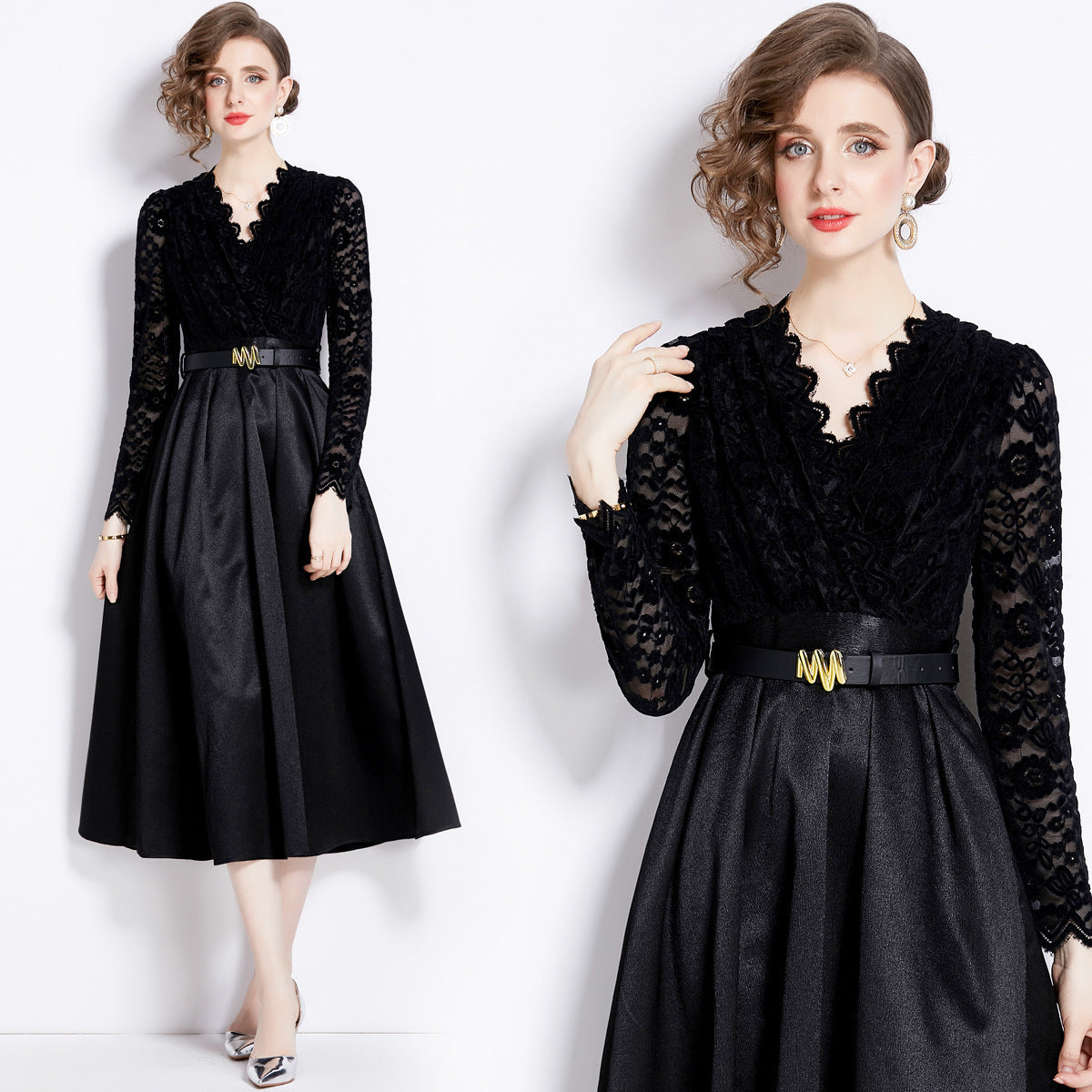 Retro Style Lace Blouse And Satin Skirt Black Dress With Belt - 760609456758_BAS
