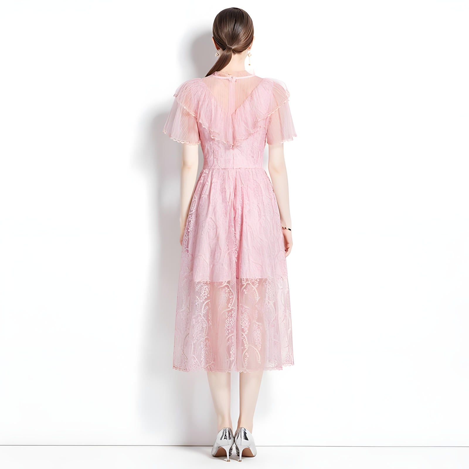 Embroidered French Lace Ruffled Vest High Neck Soft Pink Neck Dress - 728916375940_BAS