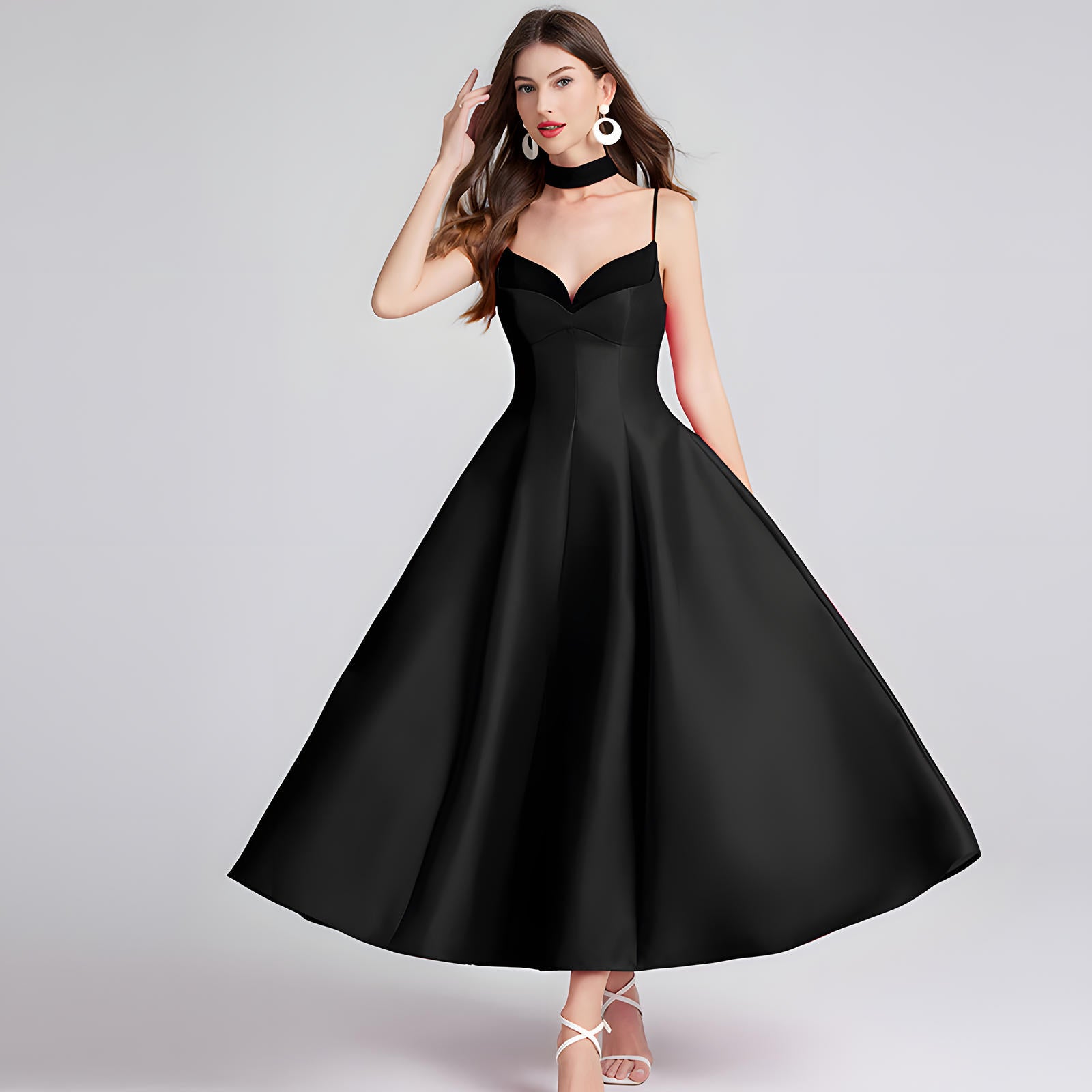 Sweetheart Neckline Black Party Satin Dress with a Hepburn-Style Skirt Fitted Bodice and Neck Band - 800116697016_BLA