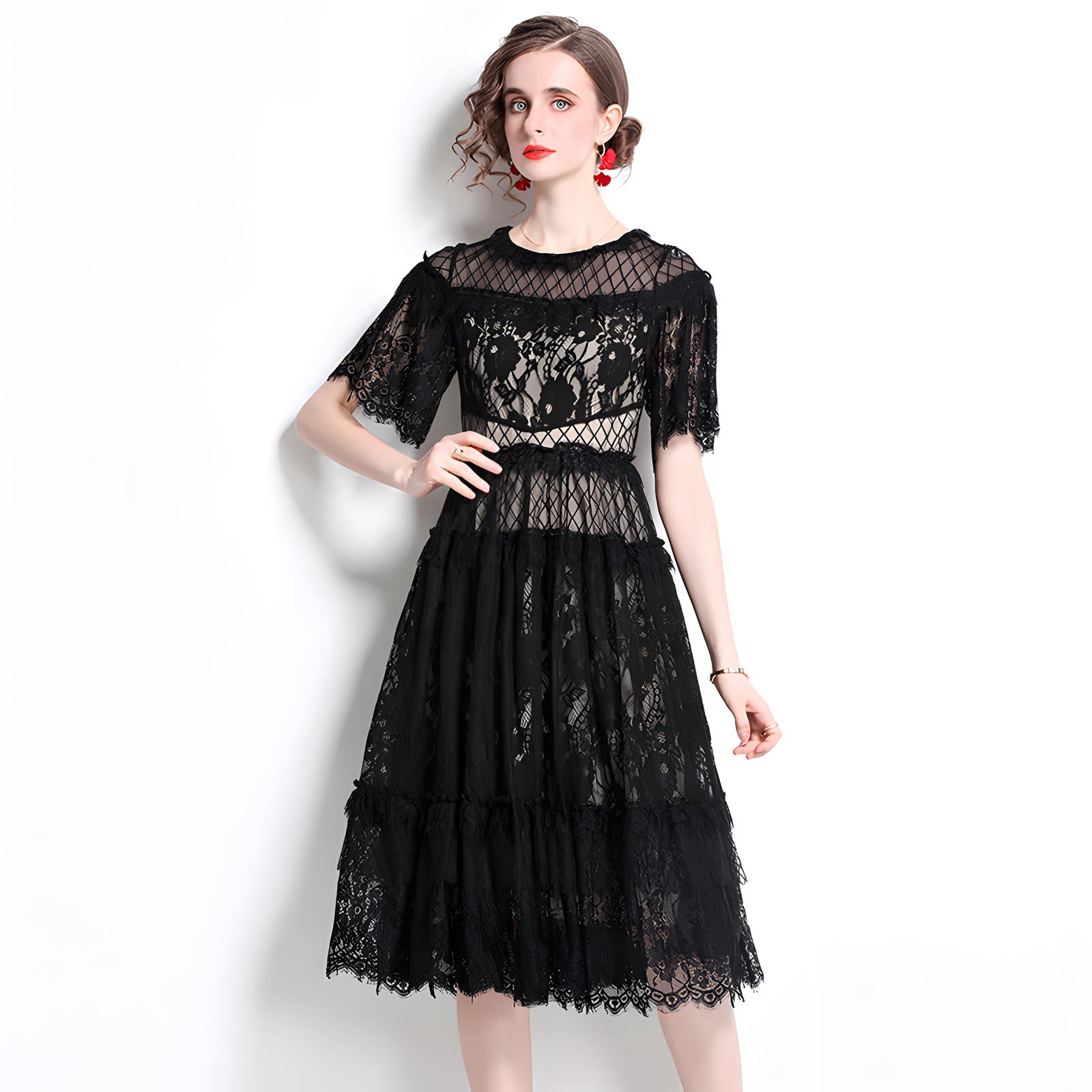 Luxury French Layered Lace Round Neck Midi Black Dress - 8993607
