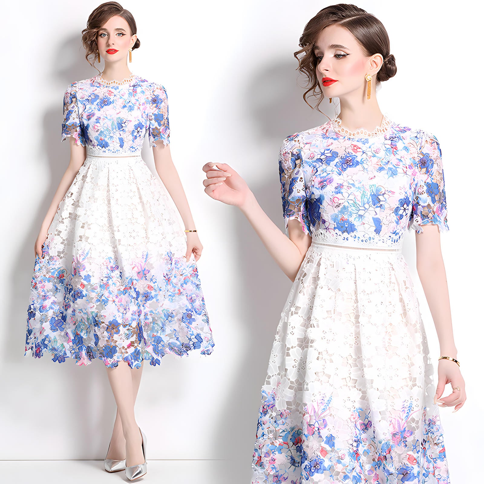 Printed Flower French Lace Jewel Neckline Dress - 802259454622_BAS