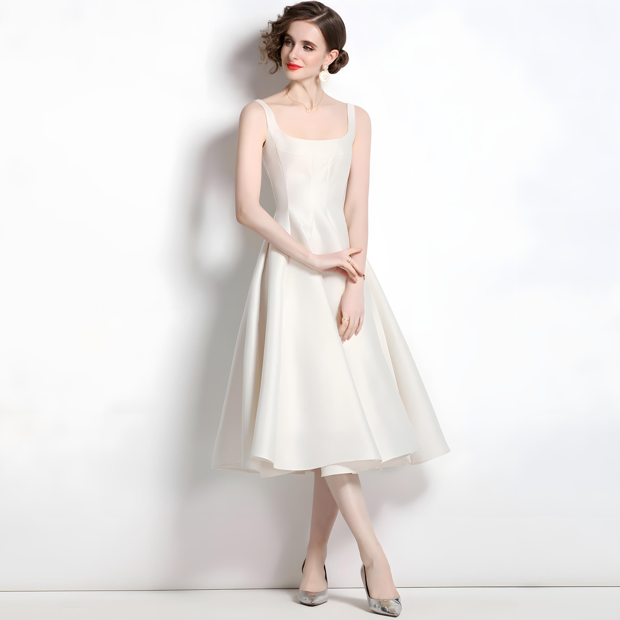 Retro Style Hepburn Skirt Fitted Vest Suspender White Satin Dress - 709210134751_BAS