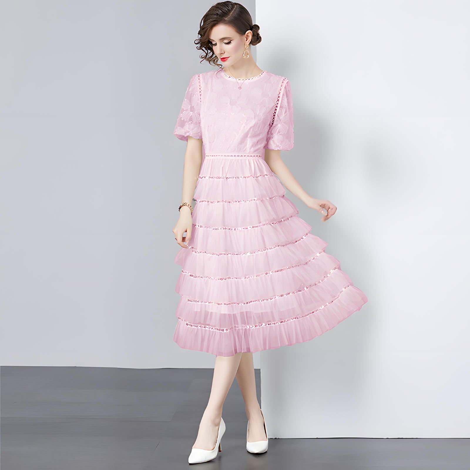 Multilayer Sequinned Mesh Skirt Flower Embroidered Vest Dress - 787365833312_PIN