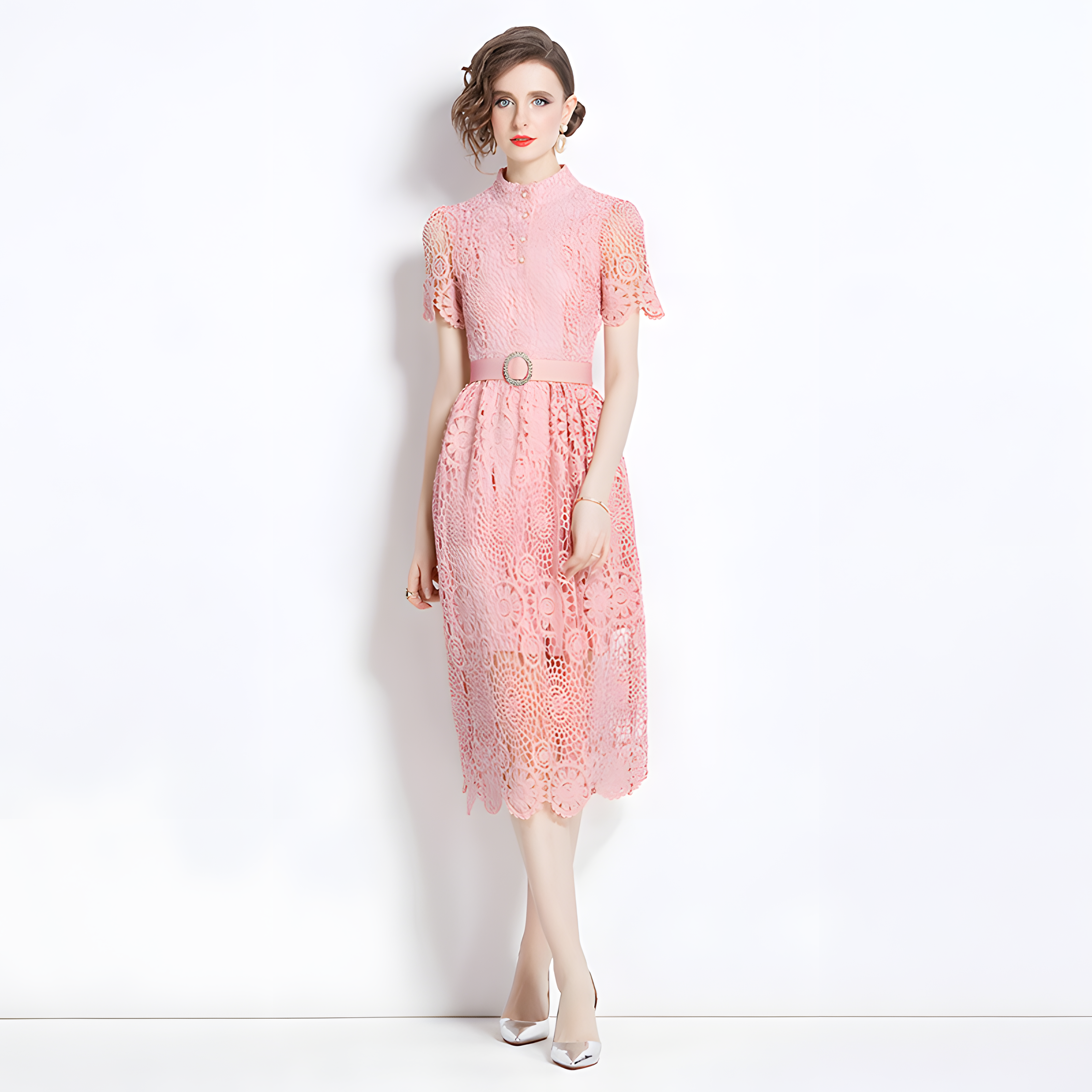 Luxury French Lace High Neck Front Button Pink Dress With Belt - 500#609_PIN