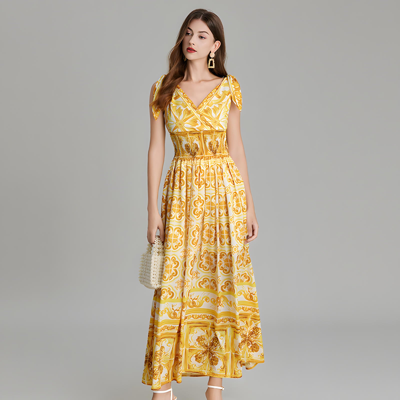 Celadon Print V-Neck Blue A Line Long Dress With Elasticated Wait - 815251322071_YEL