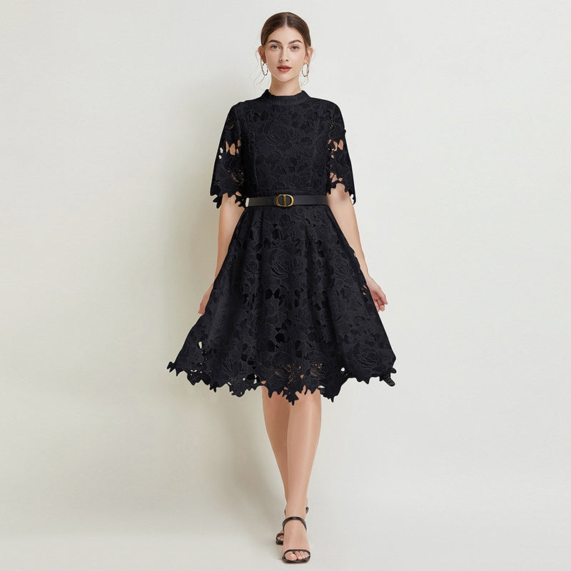 French Lace high Neck Short Dress With Belt - 812368811391_BLA