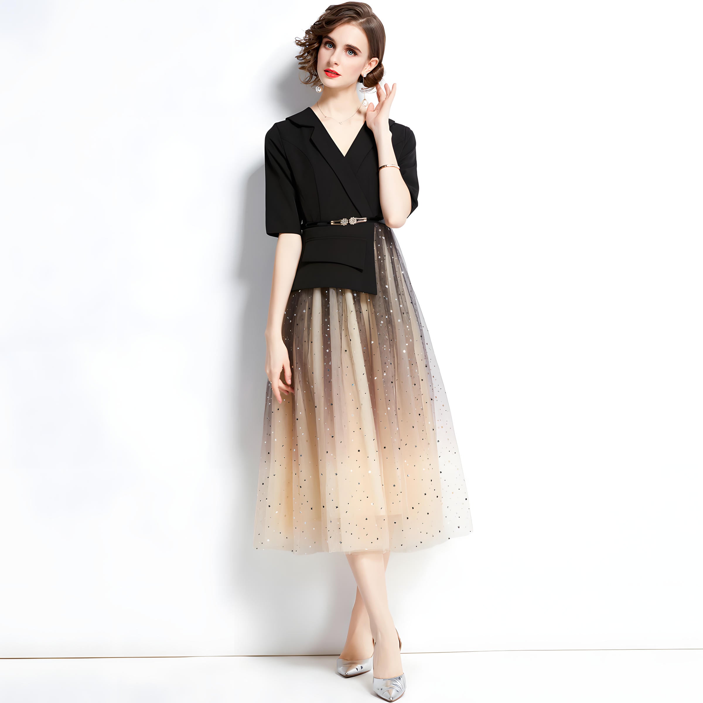 Sequin Mesh Skirt And Jacket Dress With Belt - 651839166381_BAS