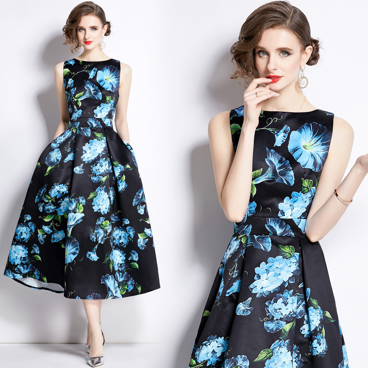 Sleeveless Boat Neck Fitted Vest Box Pleated Skirt Printed Satin Dress - 895#701