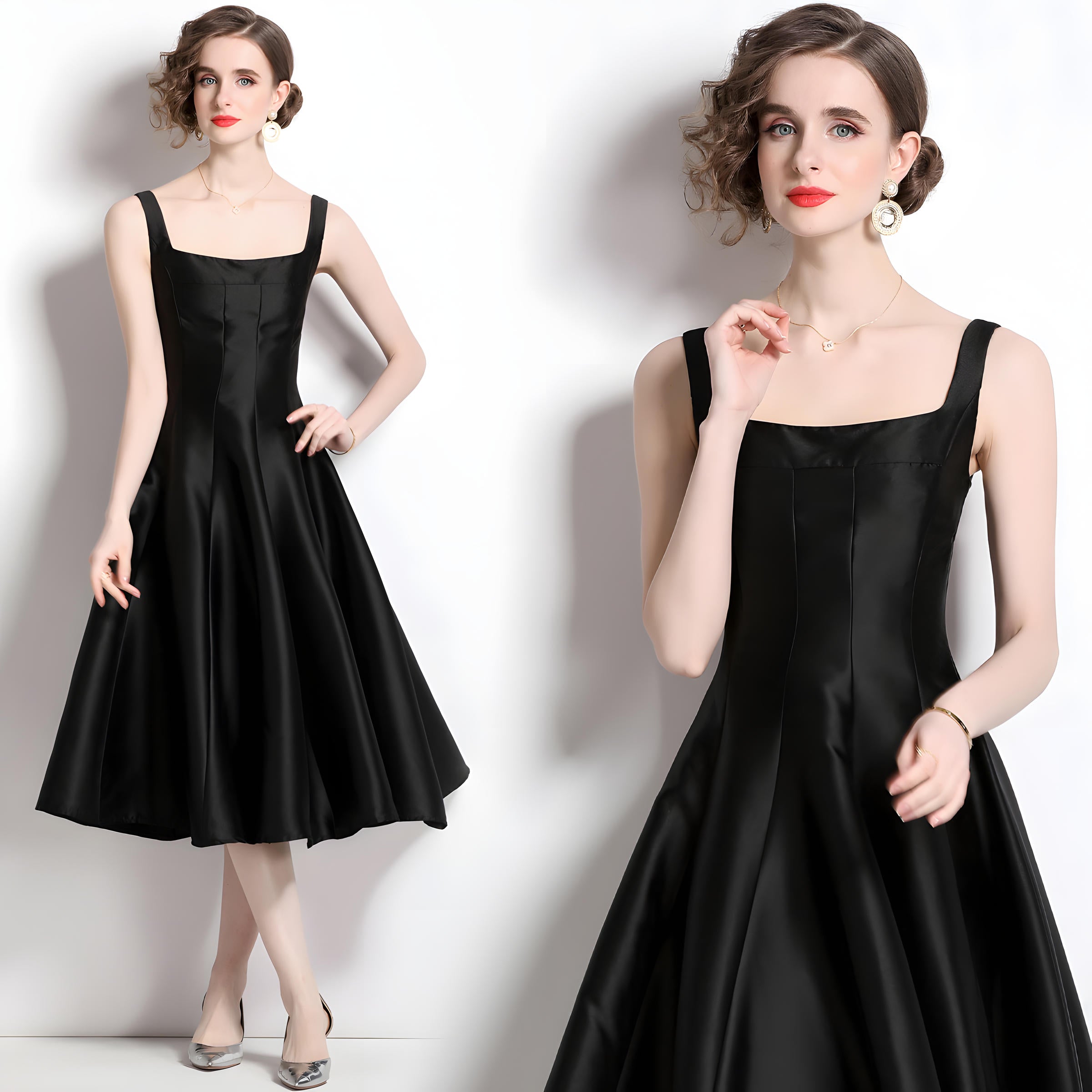 Retro Style Hepburn Skirt Fitted Vest Suspender Black Satin Dress - 709216290151_BAS (EOSS)