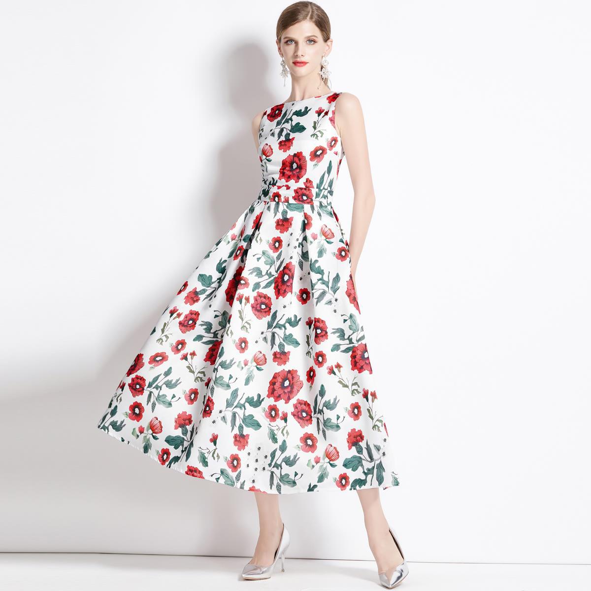 Sleeveless Boat Neck Fitted Vest Box Pleated Skirt Printed Satin Dress - 9086#701