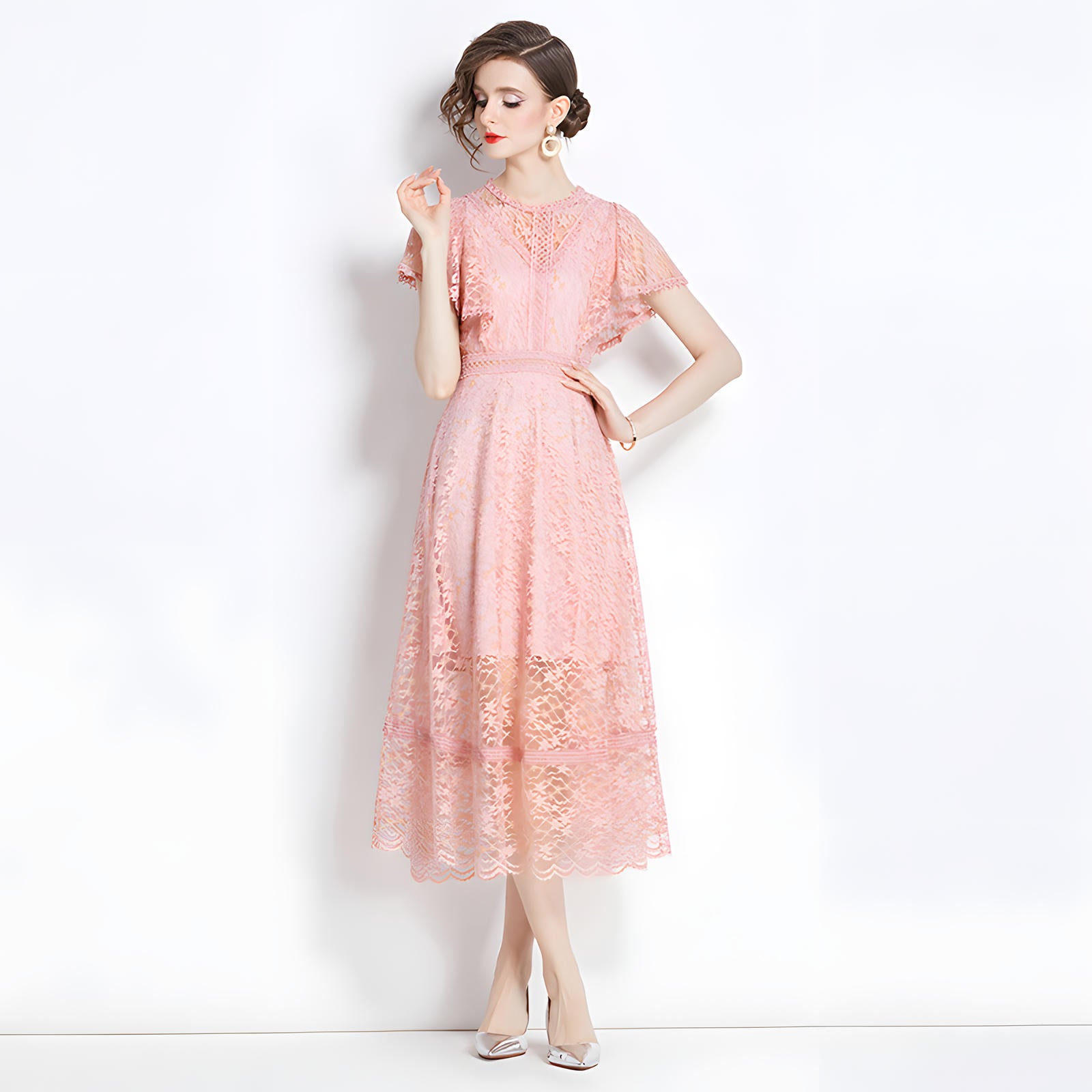 Luxury French Lace Round Neck Butterfly Sleeve Pink Dress - 787276650812