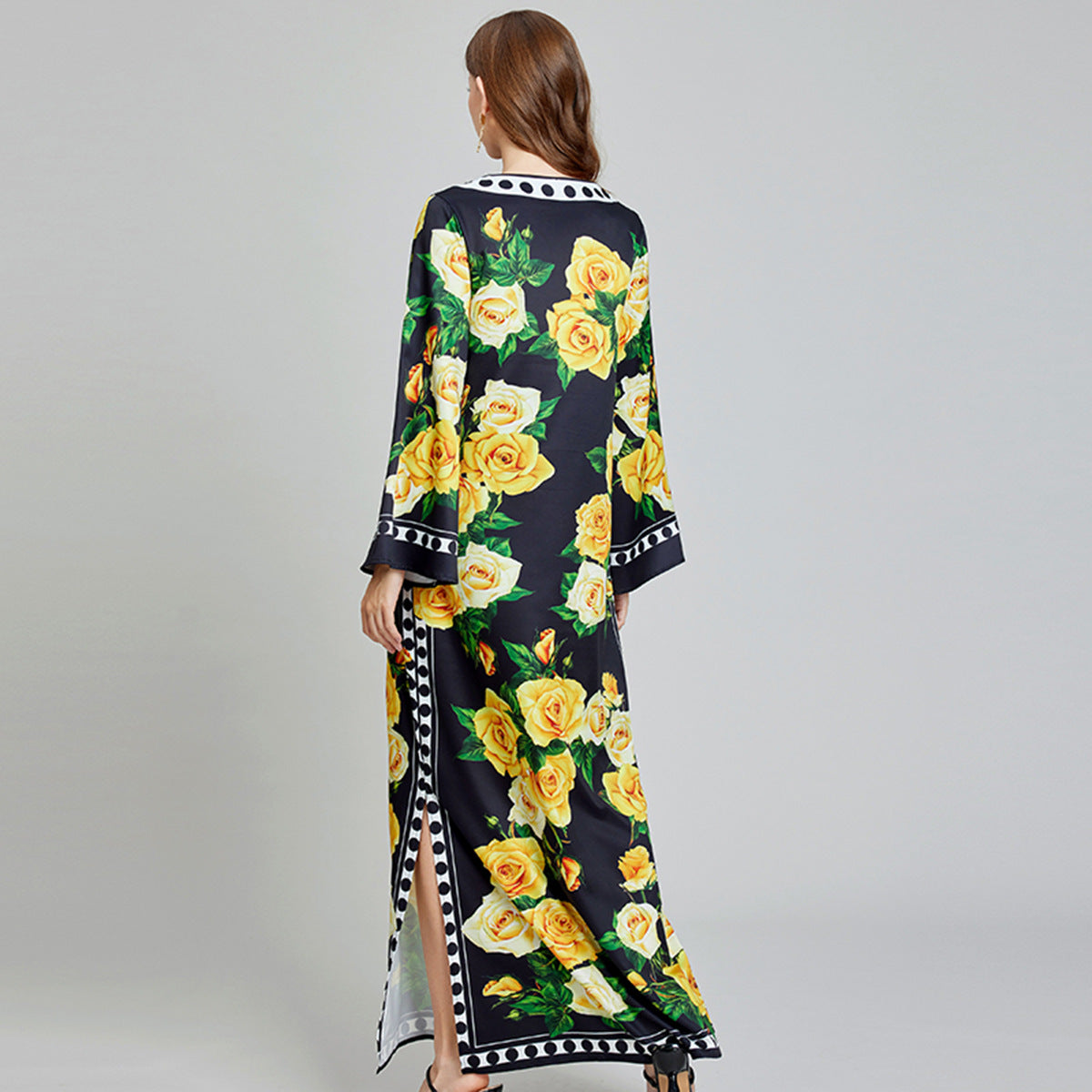 Golden Bloom Kaftan Yellow Dress with Vibrant Yellow Rose Floral Pattern - 818939592219_YEL