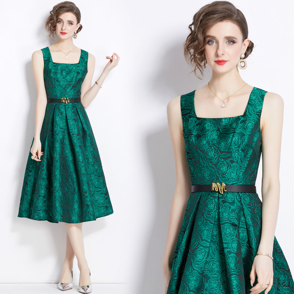 Sleeveless Square Neck Self Texture Jacquard Pleated Fitted Dress With Belt - 2089#701 (EOSS)