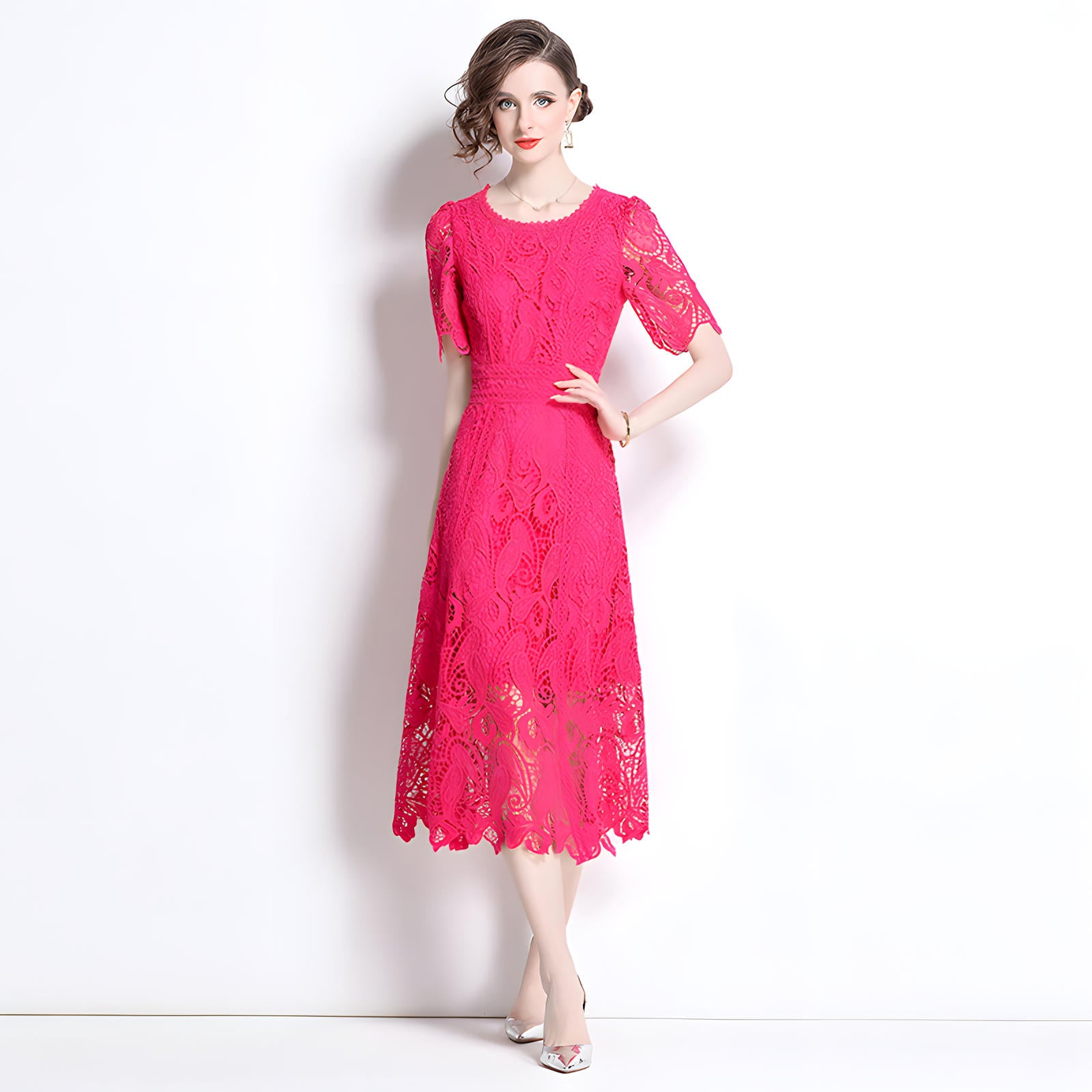Crew Neck French Lace Rose Red Dress - 799906103340_BAS