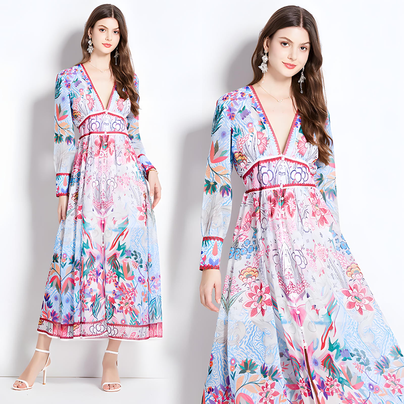 Printed Chiffon Plunging V - Neckline Elasticated Waist Front Split Long Dress - NRJ-720#2494