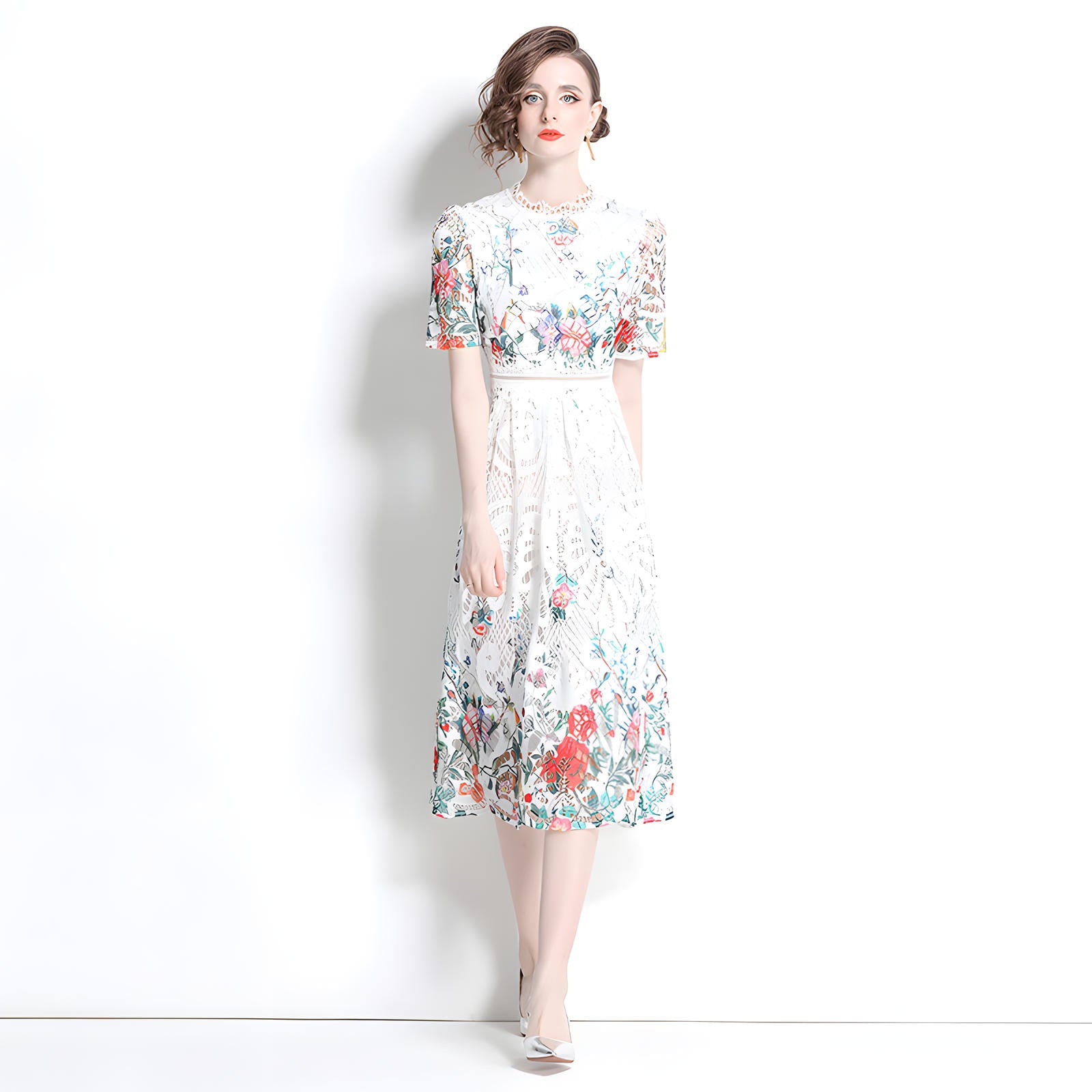 Printed Flower French Lace Jewel Neckline Dress - 802164123981_BAS