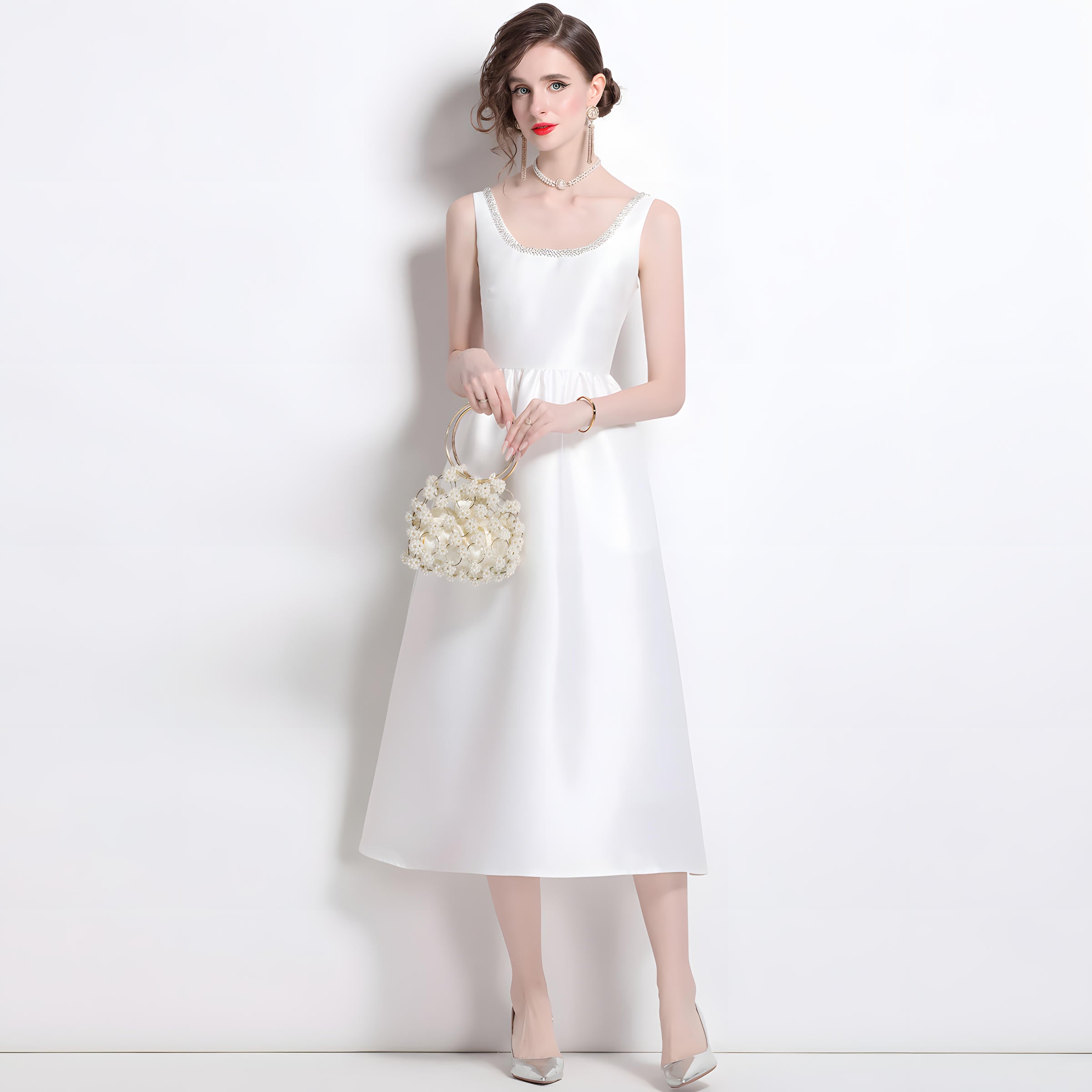 Fitted Vest Armhole Dart White Satin Dress With Jewel Embellished Neckline - 817042148843_BAS