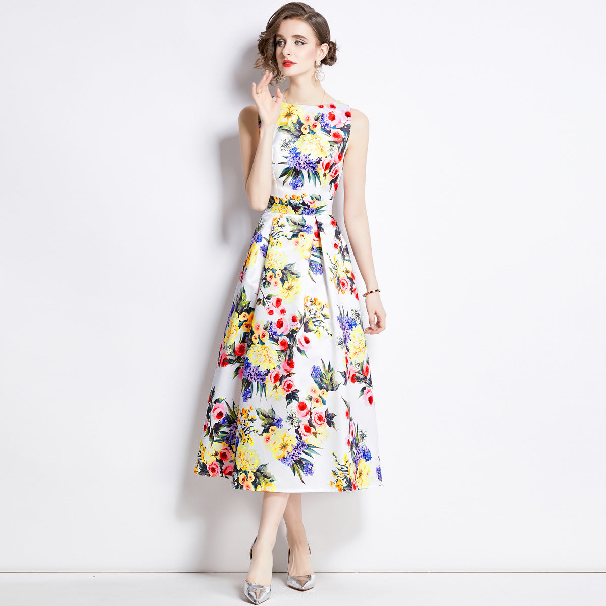 Sleeveless Boat Neck Fitted Vest Box Pleated Skirt Printed Satin Dress - 894#701