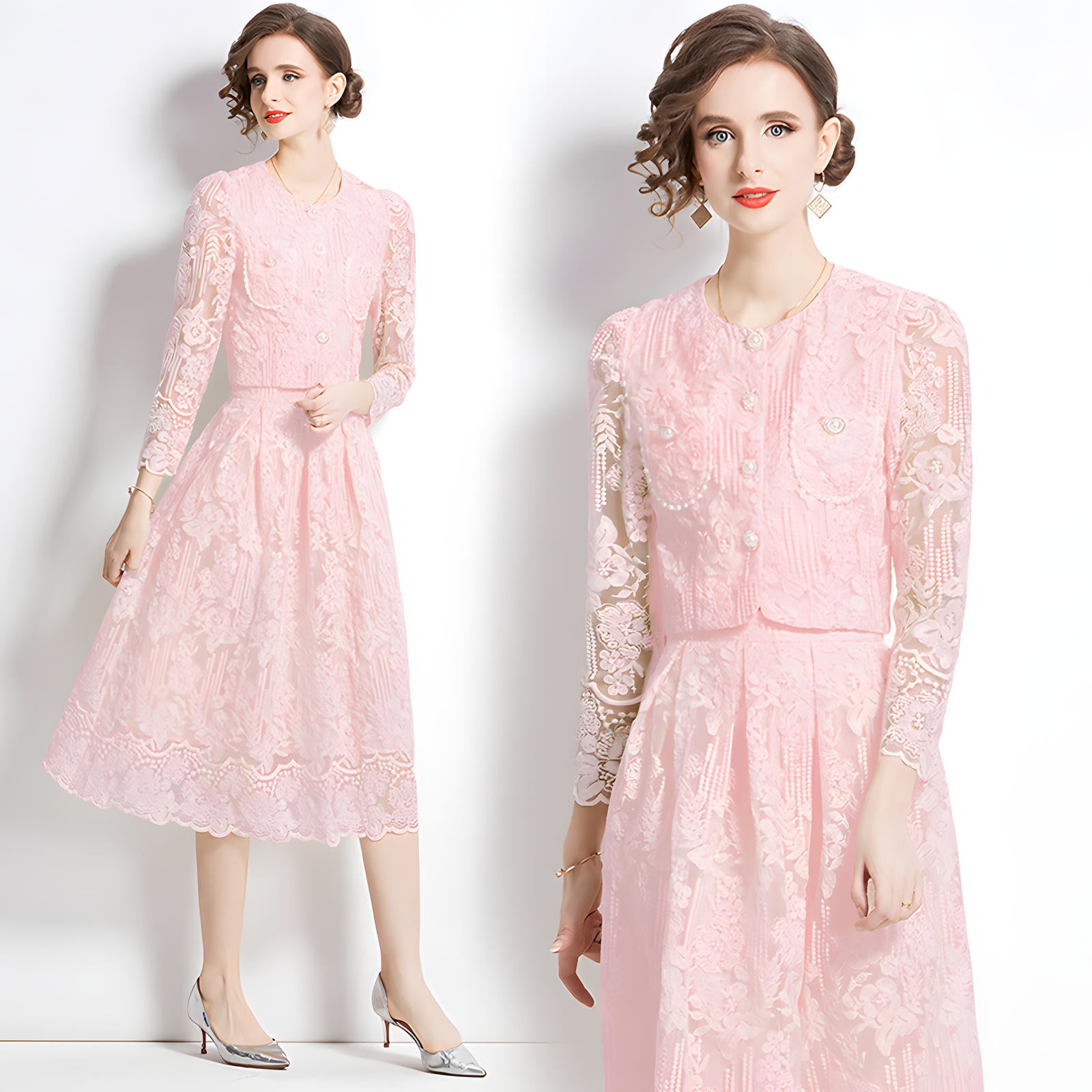Embroidered French Lace Single Breasted Full Sleeve Blouse and Skirt Two Piece Set - 8566 #607_PINK (EOSS)