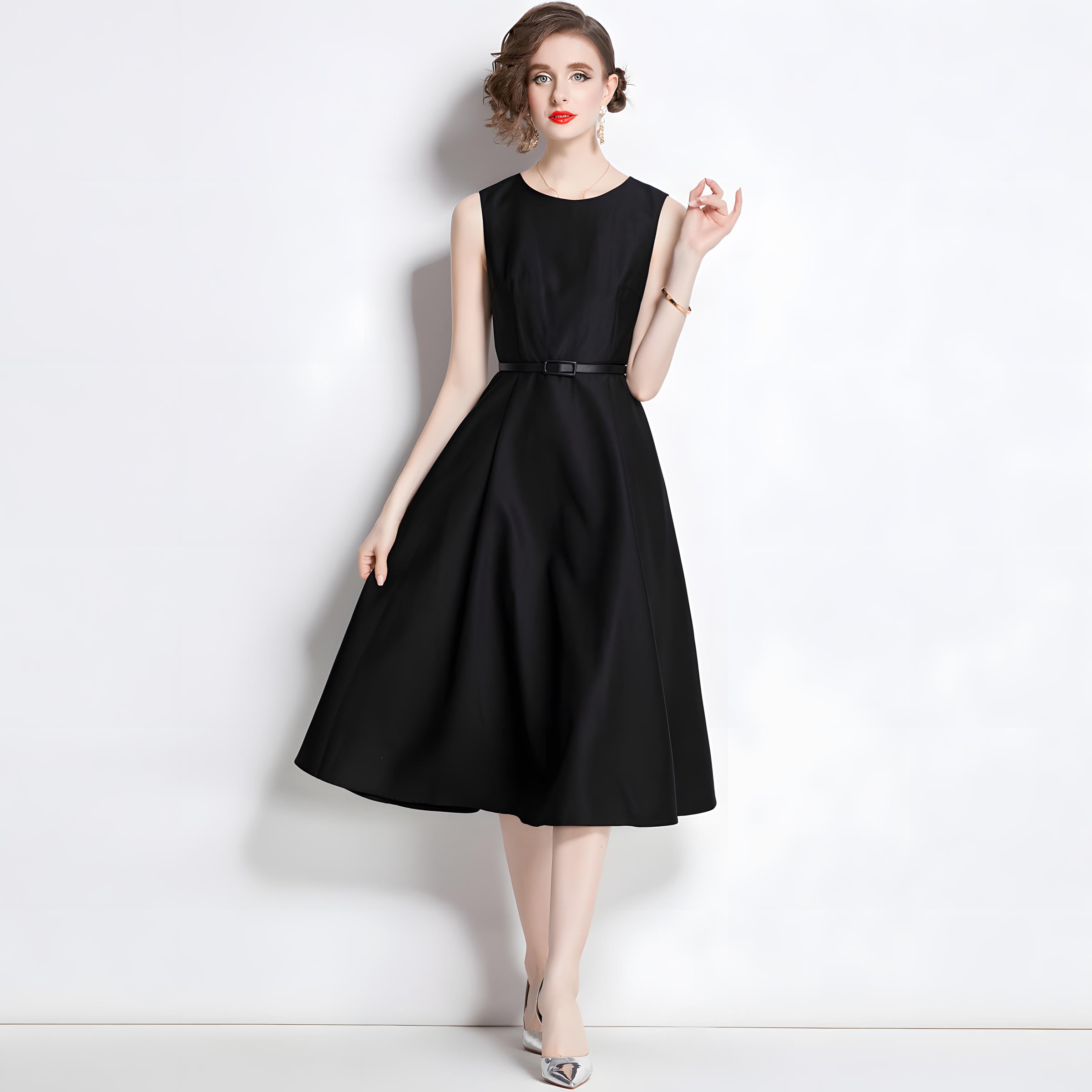 Princess Line Fitted Vest Black Sleeveless Satin Dress - 764176878578_BAS