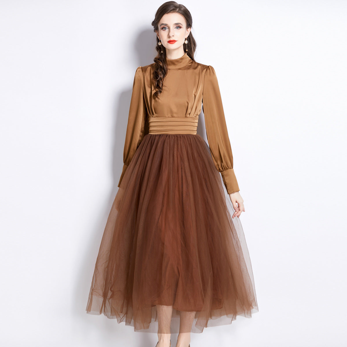 Stand Collar Pleated Vest Satin Blouse Mesh Skirt One Piece Russet Color Dress - 742117387610_BAS