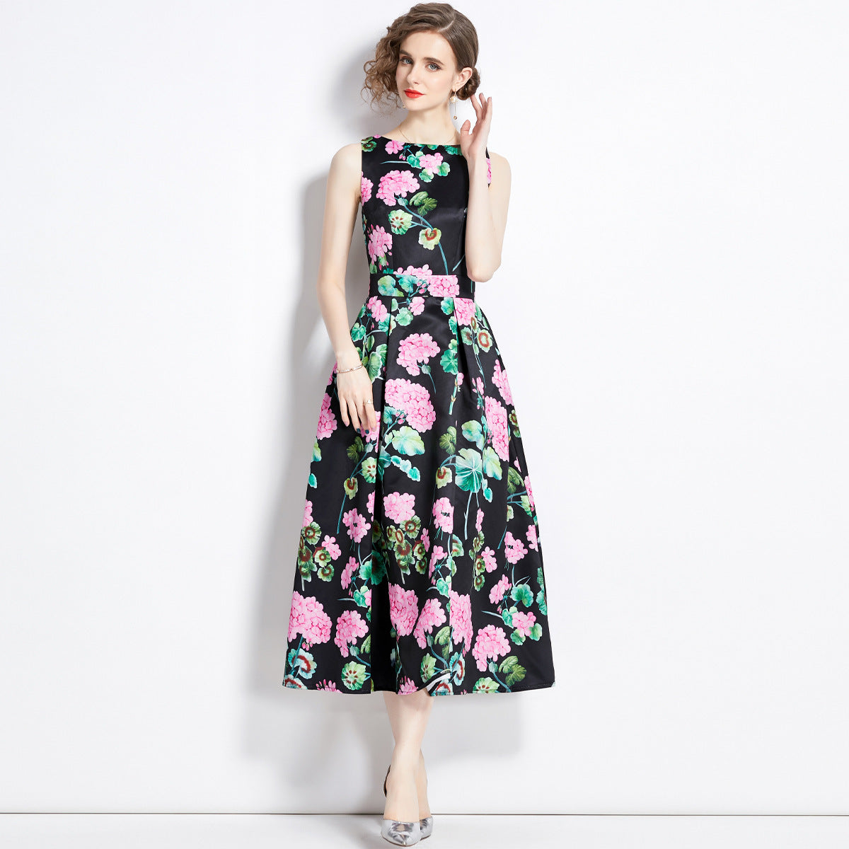 Sleeveless Boat Neck Fitted Vest Box Pleated Skirt Printed Satin Dress - 9055#701_BAS