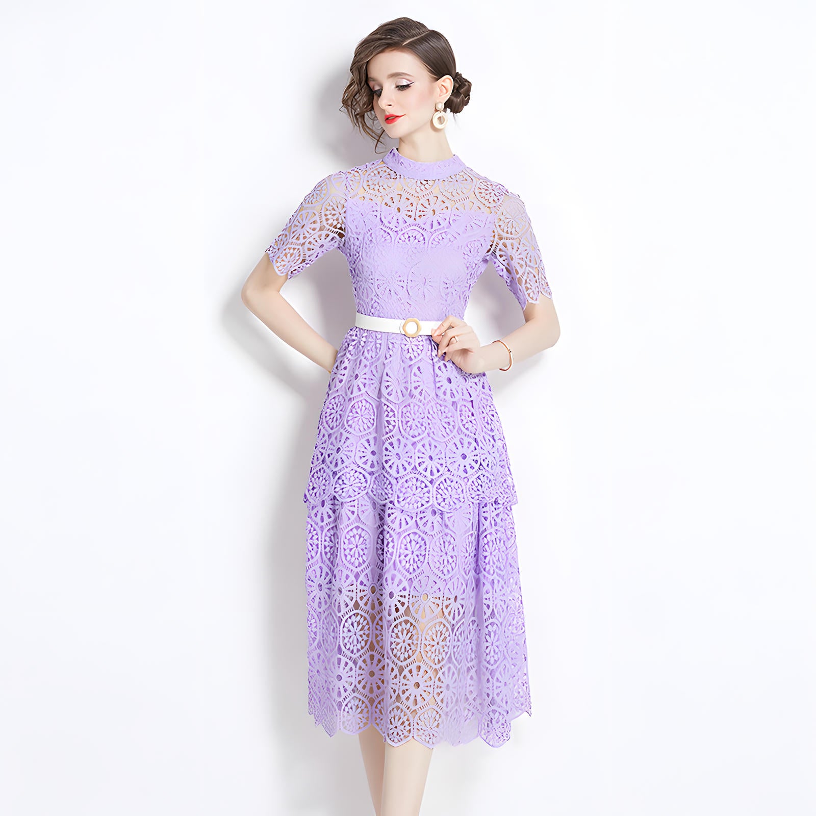 Luxury Multilayer French Lace High Neck Lavender Dress With Belt - 510#609_PUR
