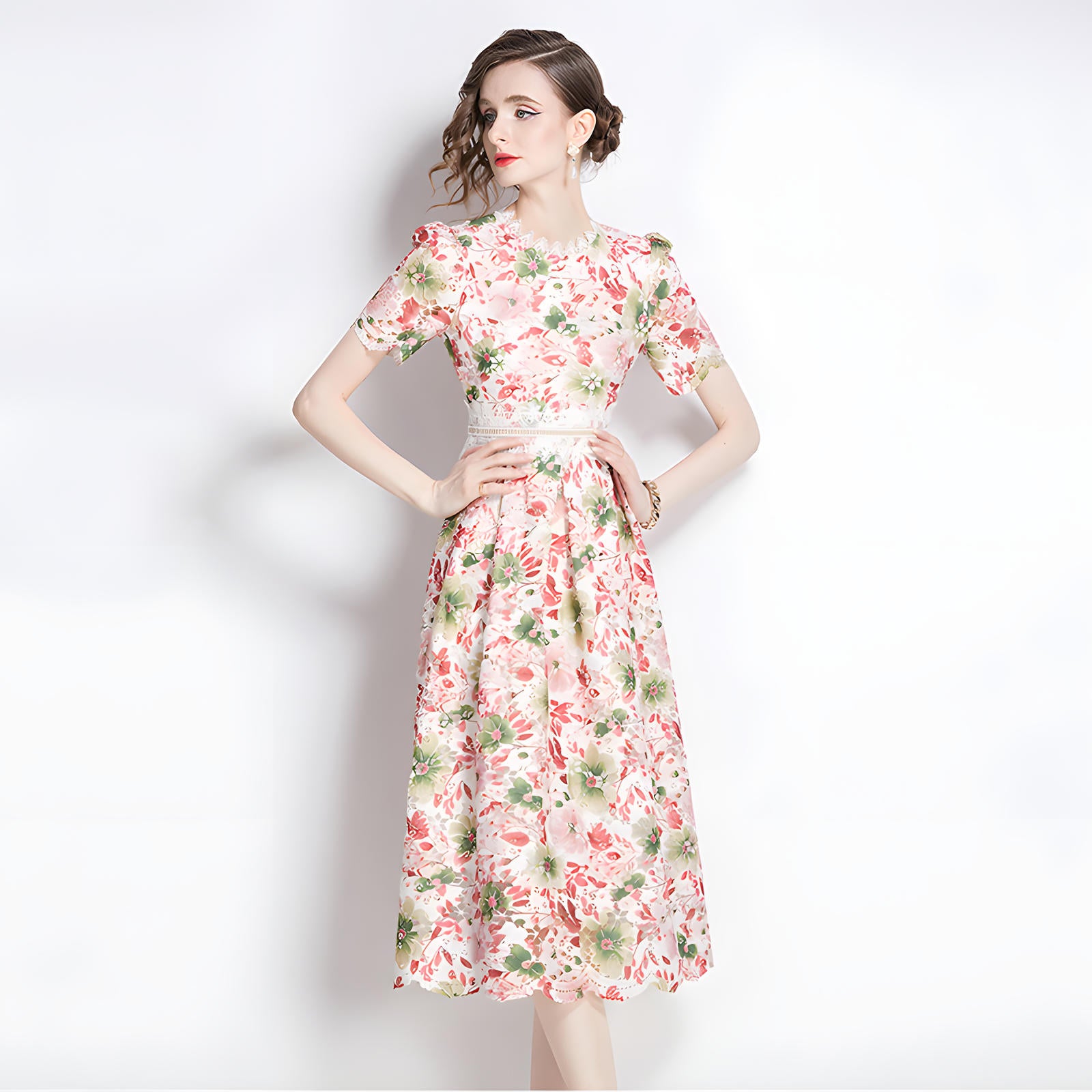 French Printed Flower Lace Jewel Neckline Retro Dress - 795256872065_BAS