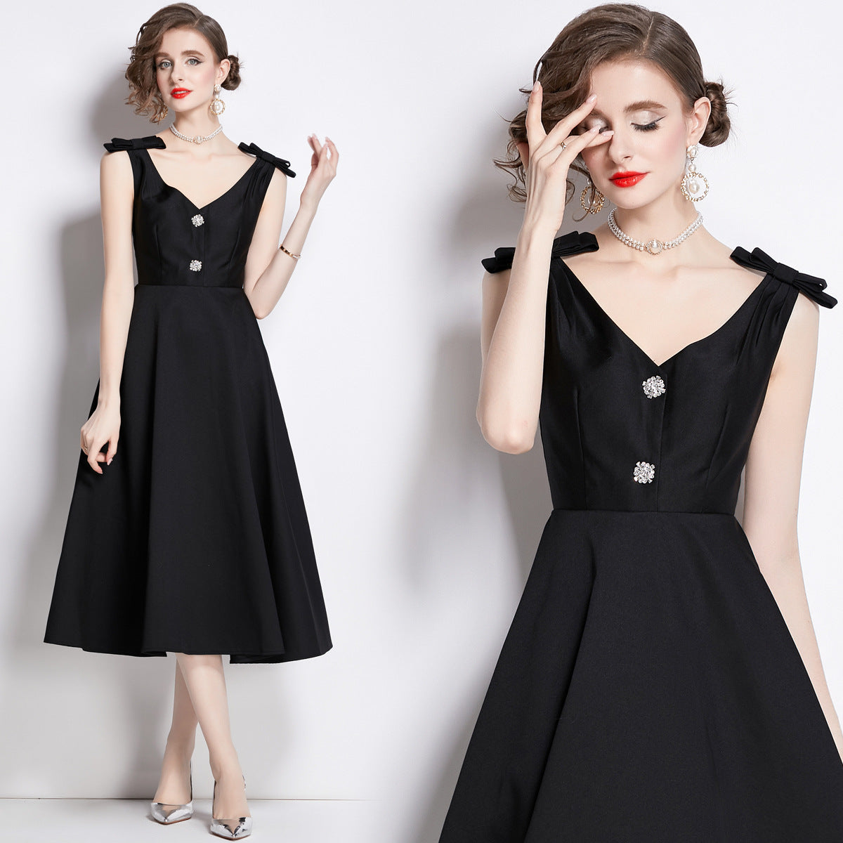 Hepburn Style Shoulder Bow V-Neck Solid Black Satin Dress - NRJ 7L 701-A#1634# (EOSS)
