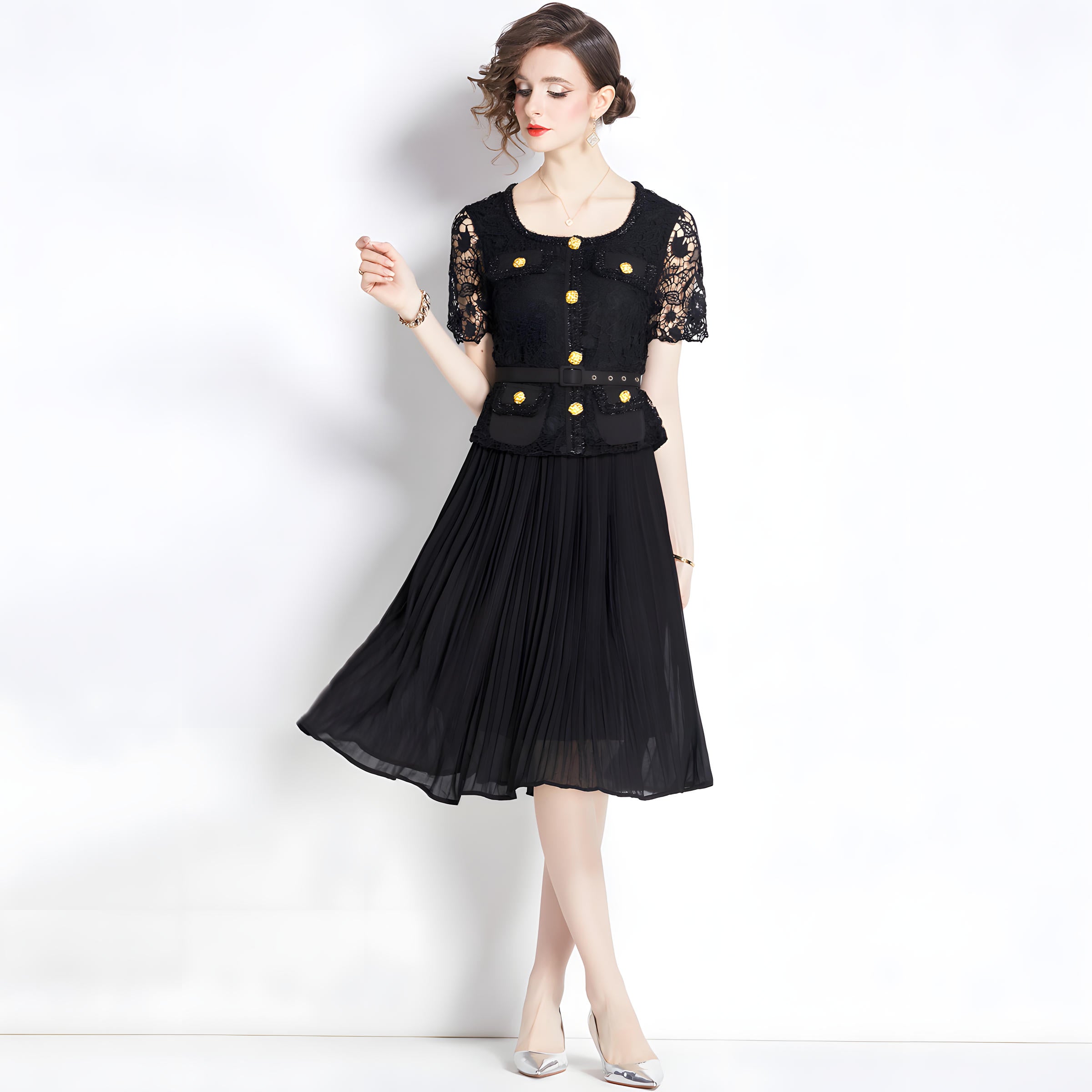 French Lace Jacket Top Pleated Skirt Black Dress With Belt - 781984834483_BAS