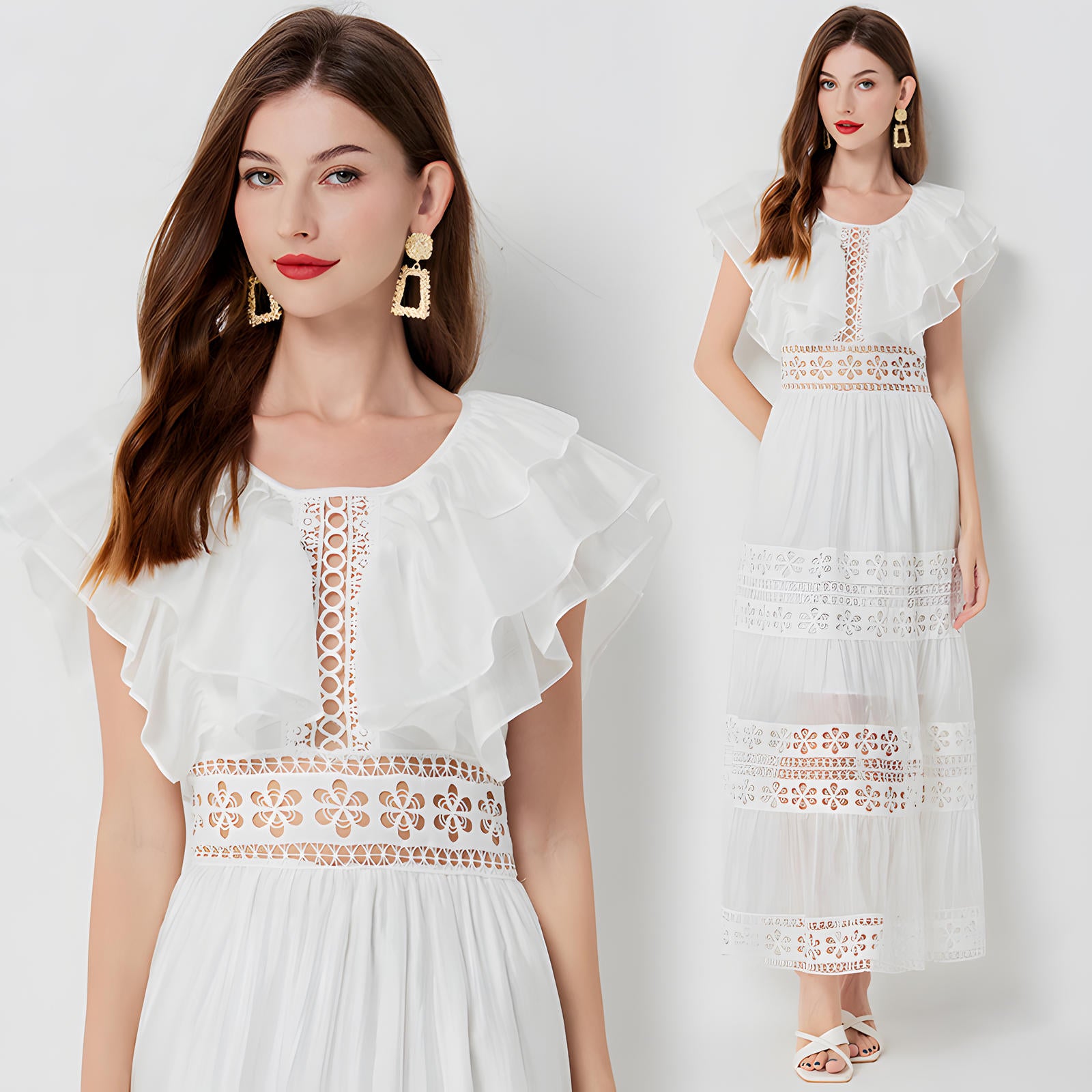 Summer Seaside Vacation French Lace White Long Dress - 812508106214_BAS