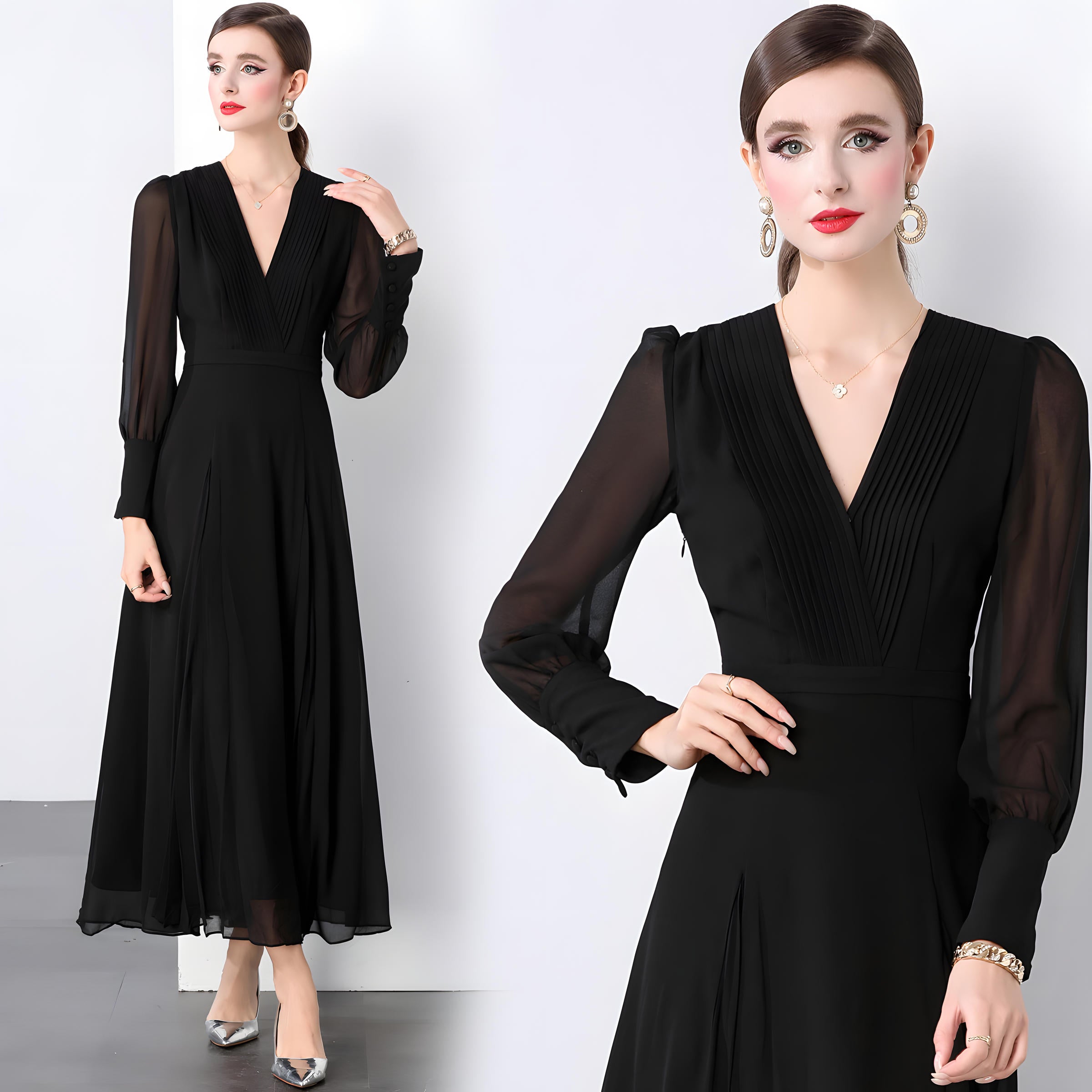 Lantern Sleeve Chiffon Dress with Pleated Bust and Box Pleat Skirt - 833900044434_BLA
