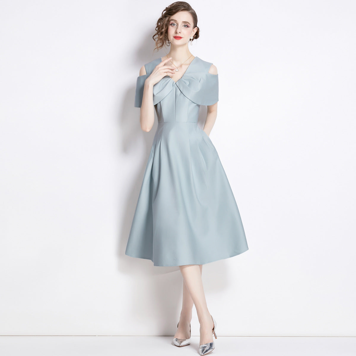 Off Shoulder V - Neck Fitted Vest Tucked Pleats Skirt Slate Blue Solid Satin Dress - NRJ-701A#1645_1