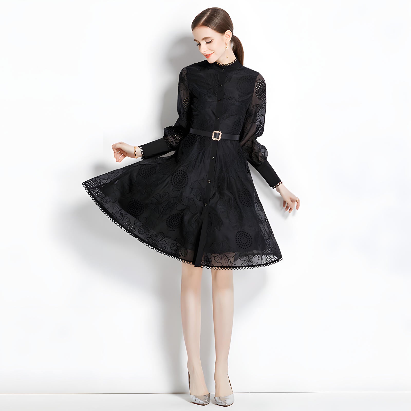 Luxury French Lace High Neck Retro Short Dress - 734462185250