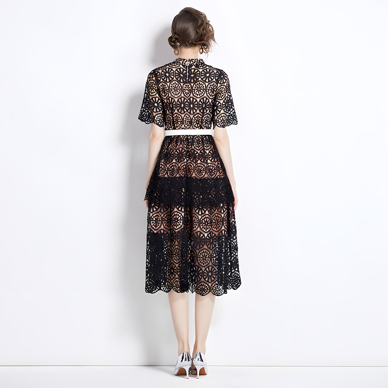 Luxury Multilayer French Lace High Neck Black Dress With Belt - 510#609_BLA