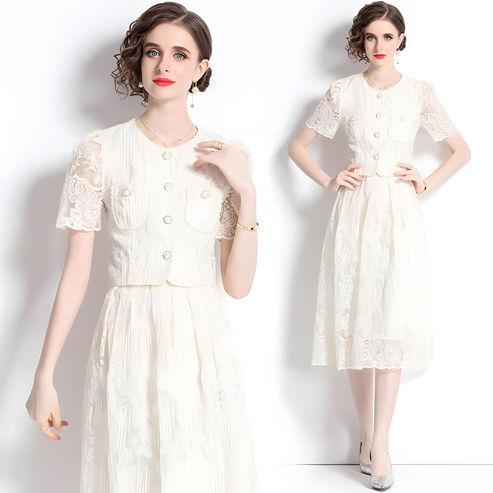 Embroidered French Lace Single Breasted Blouse and Skirt Two Piece Set - 8562#607_WHITE