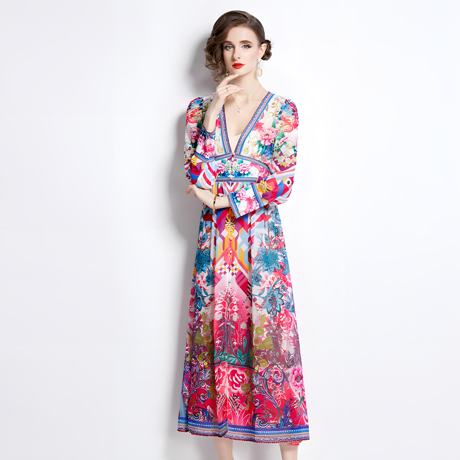 Printed Chiffon Plunging V - Neckline Elasticated Waist Front Split Long Dress - NRJ-720#2495