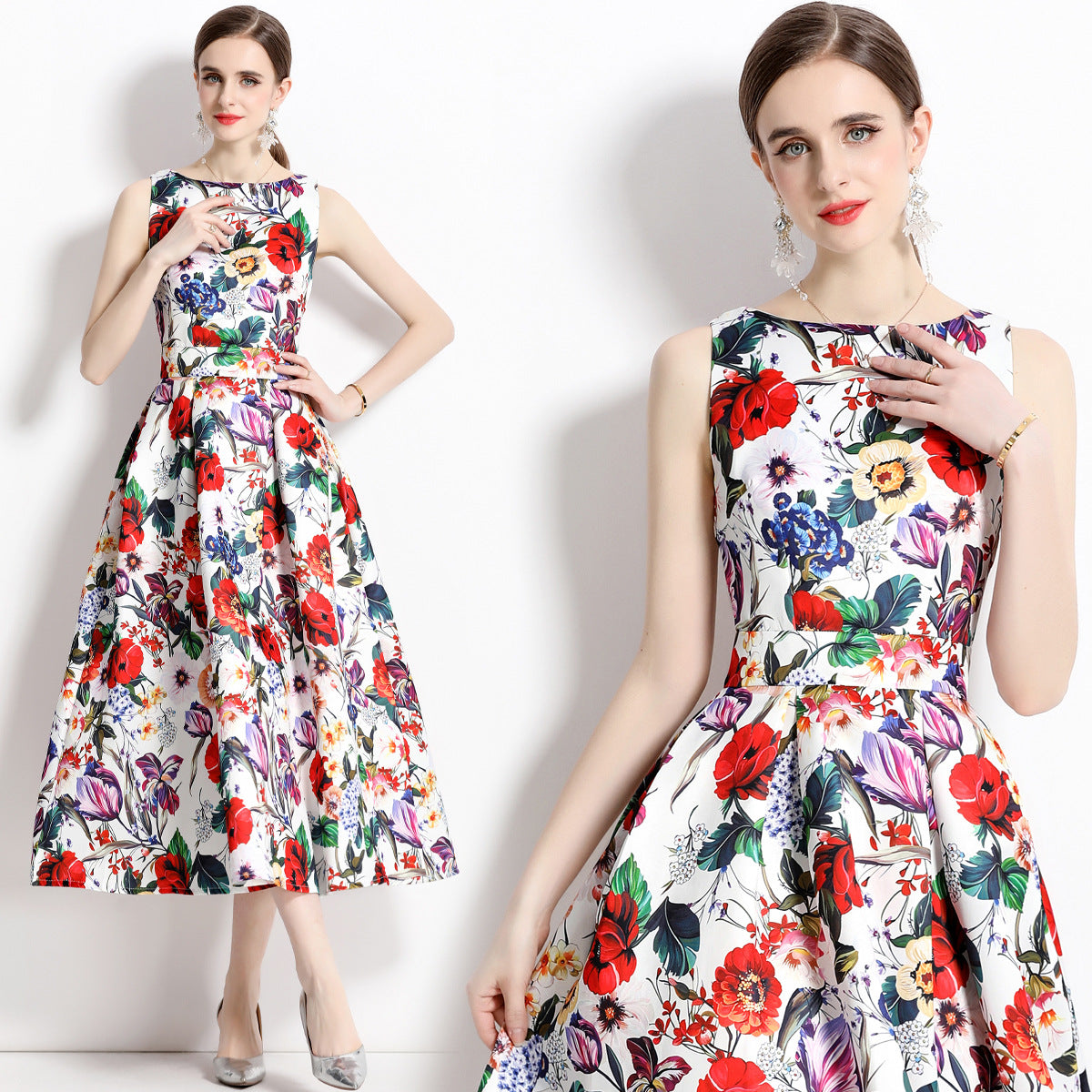 Sleeveless Boat Neck Fitted Vest Box Pleated Skirt Printed Satin Dress - 710550577474_BAS