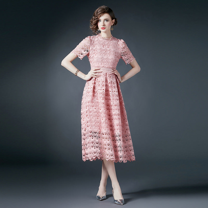 French Crocheted Lace Round Neck A - Line Pink Dress - 780758588212