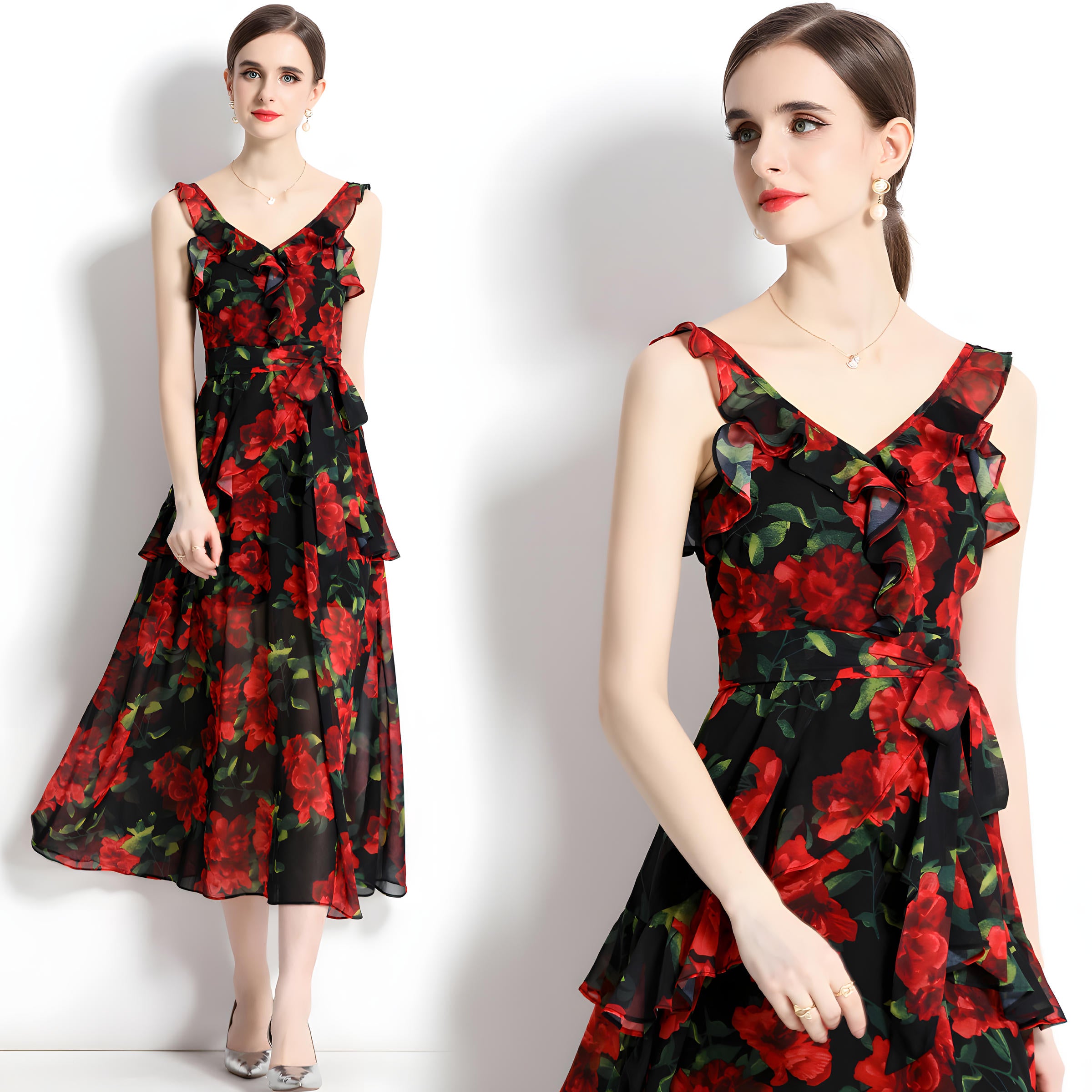 Printed Chiffon Floral Long Skirt Beach Vacation Suspender Dress With Wrap Up Belt - 715132626392_BAS