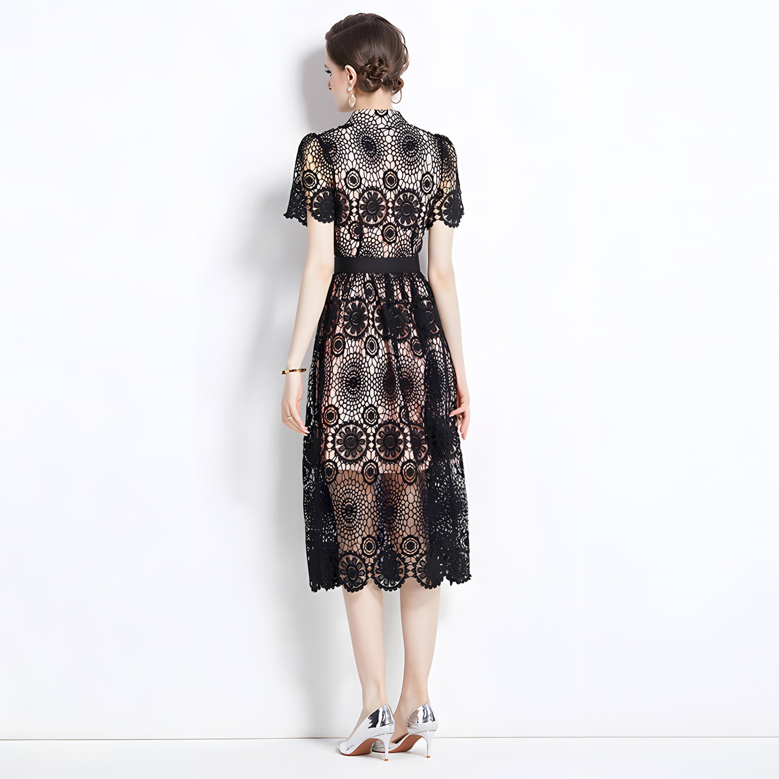 Luxury French Lace High Neck Front Button Black Dress With Belt - 500#609_BLA