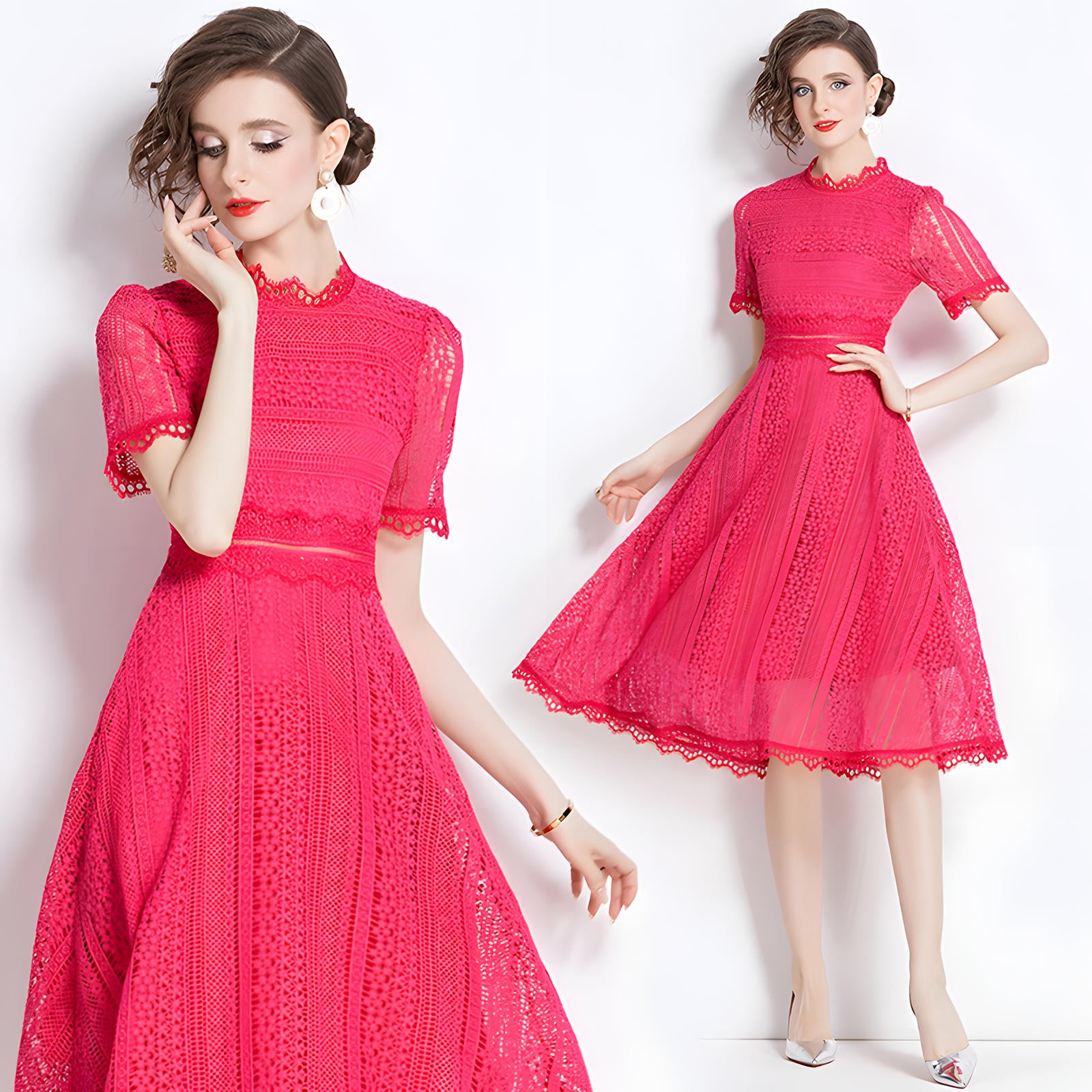 Luxury French Lace Jewel Neck Rose Red Dress - 533#609_ROS