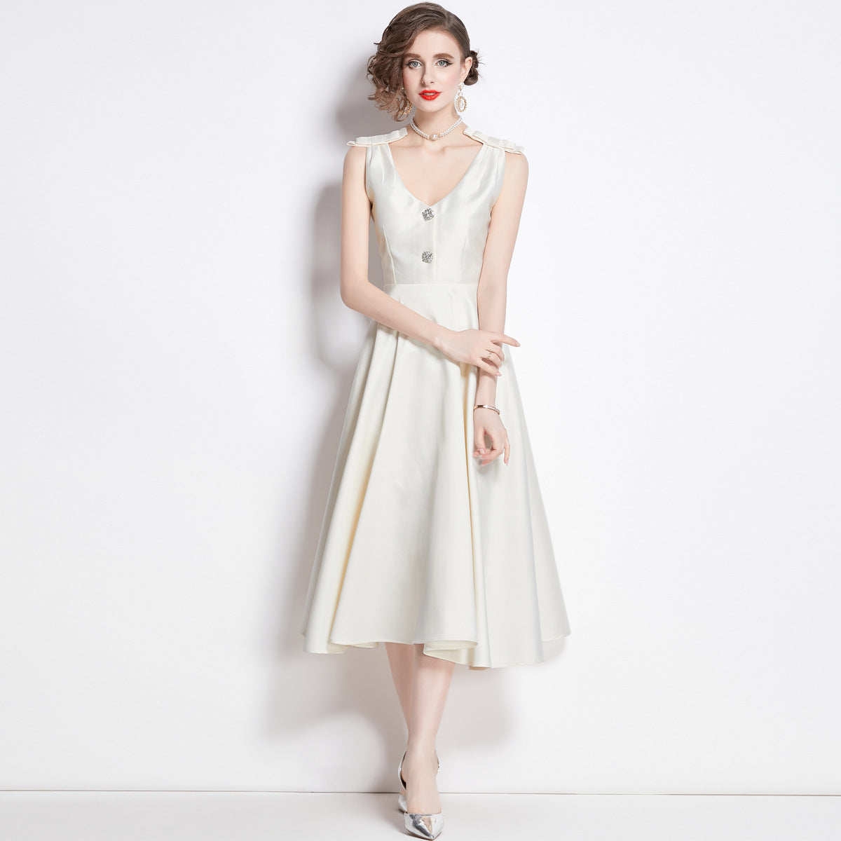 Hepburn Style Shoulder Bow V-Neck Solid White Satin Dress - 1635#701