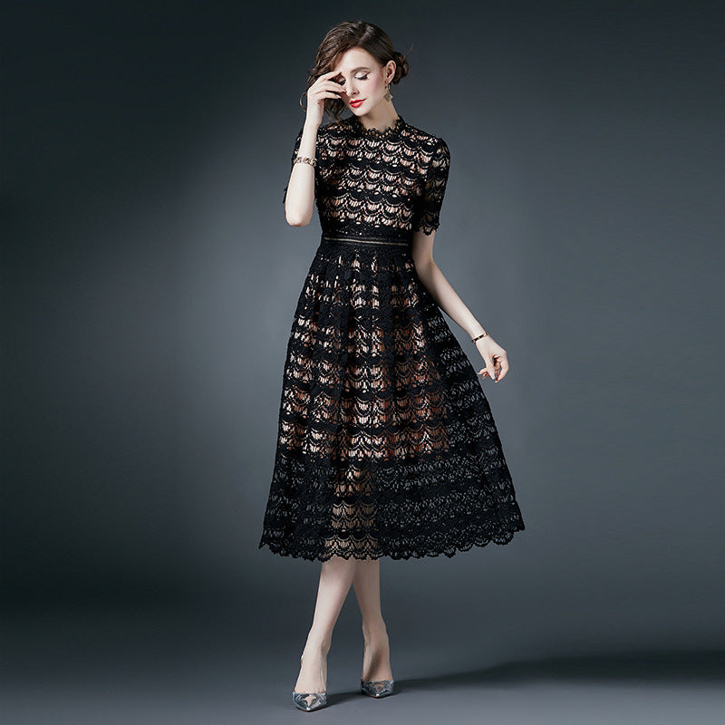 French Crocheted Lace Round Neck A - Line Black Dress - 780697439219