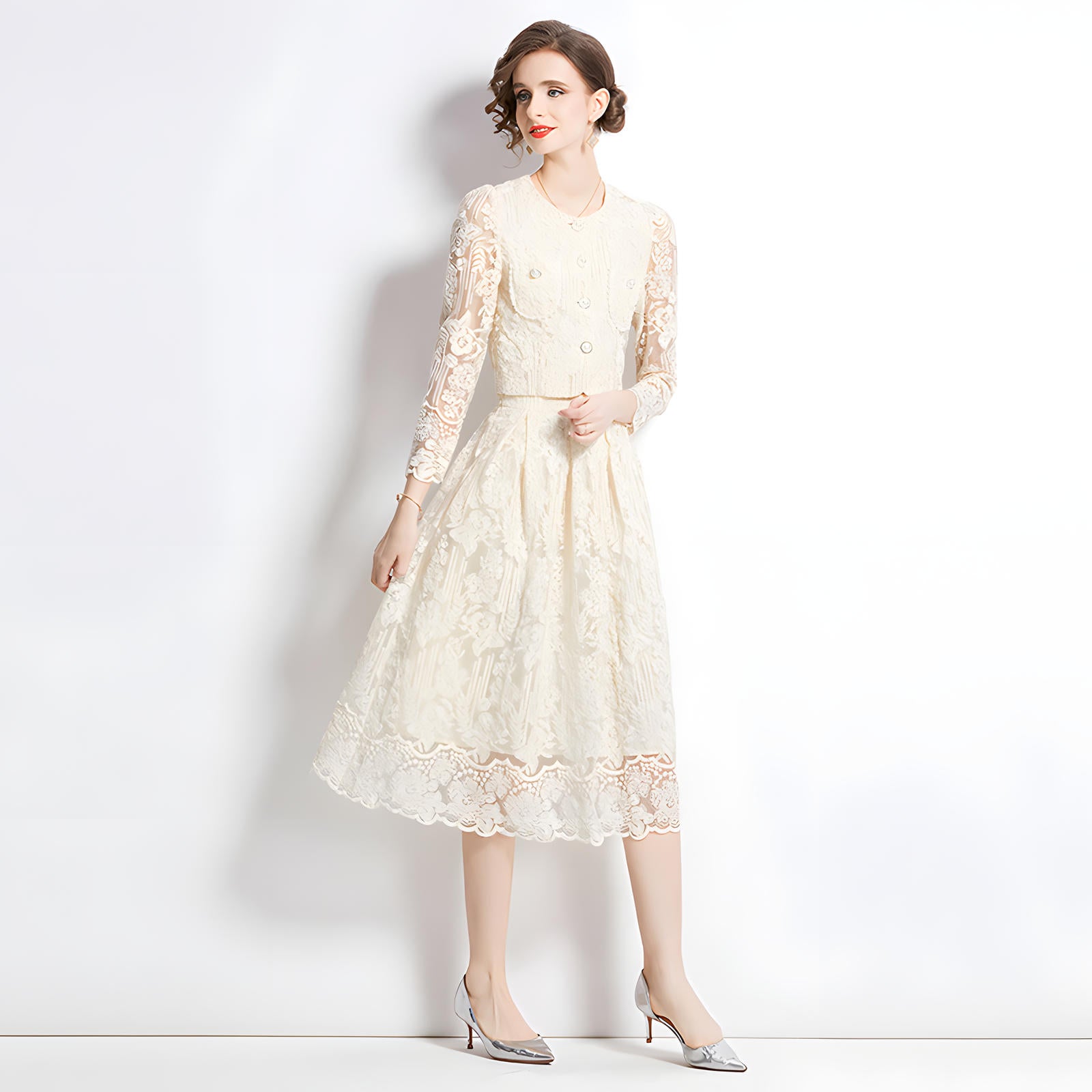 Embroidered French Lace Single Breasted Full Sleeve Blouse and Skirt Two Piece Set - 8566 #607_WHITE