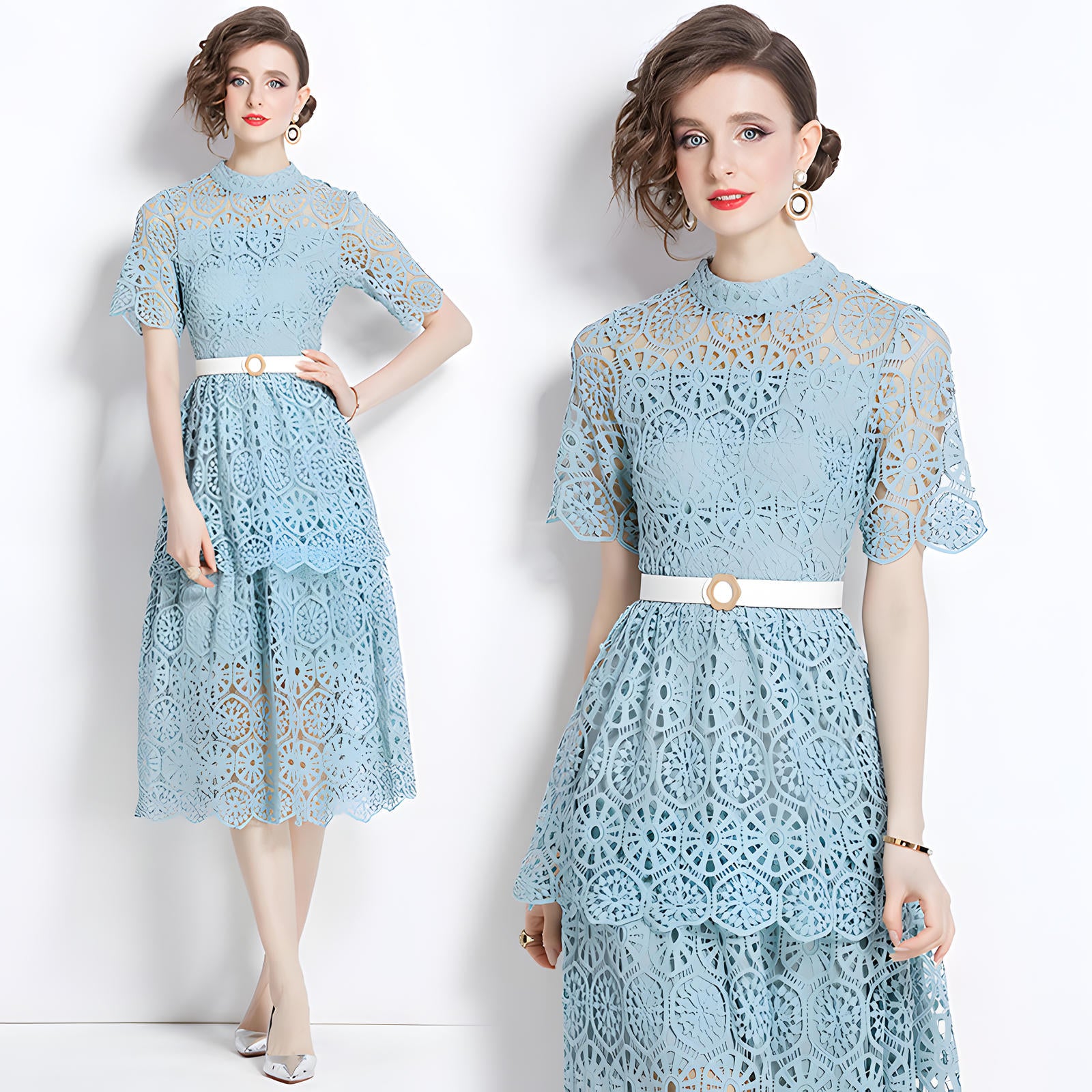 Luxury Multilayer French Lace High Neck Sage Green Dress With Belt - 510#609_GRE