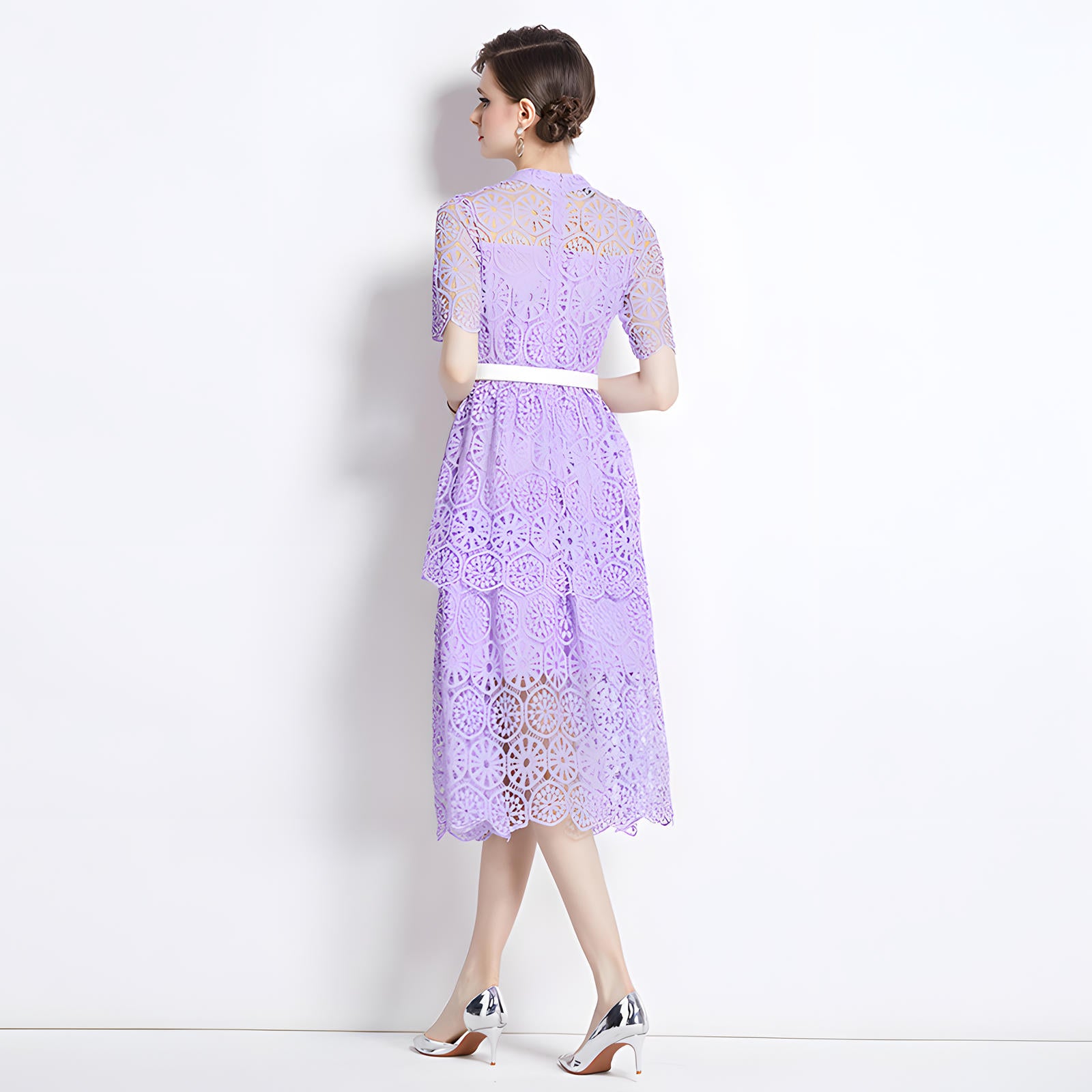 Luxury Multilayer French Lace High Neck Lavender Dress With Belt - 510#609_PUR